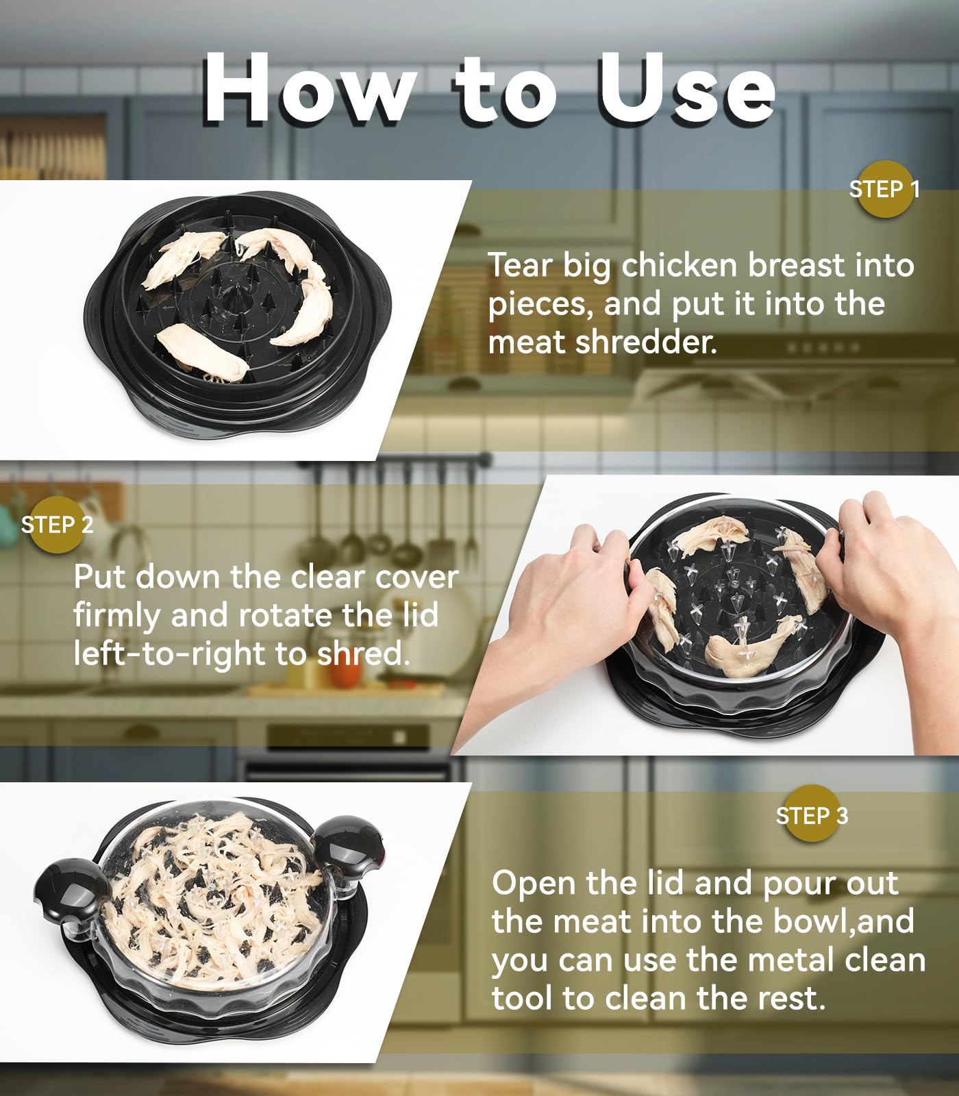 Premium Manual Chicken Shredder Tool - Twist & Grind Kitchen Gadget for Chicken Breast, Ground Meat & Vegetables | Durable Food Processor for Meal Prep, Tacos, Salads & Stir Fry (Elegant Black)