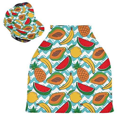 Stretchy Baby Car Seat Canopy - Fruit Print (Papaya, Watermelon, Pineapple) Infant Stroller Cover, Multi-Use Car Seat Scarf & Nursing Cover for Boys & Girls | Perfect for Outings, Travel & Breastfeeding