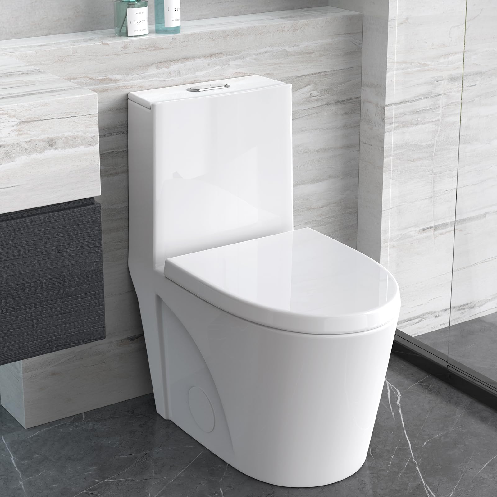 WIIS' IDEA One Piece Dual Flush Toilet - 1.6/1.0 GPF Water Saving, 15.5
