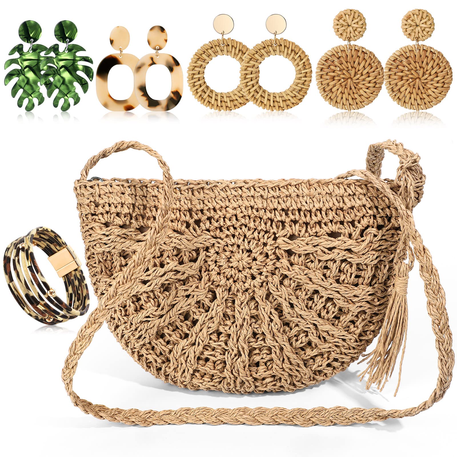 Boho Straw Shoulder Bag for Women - Crossbody Beach Purse Set with 4 Rattan Tropical Earrings & Leopard Bracelet | Vacation, Summer Outfits, Beach Accessories