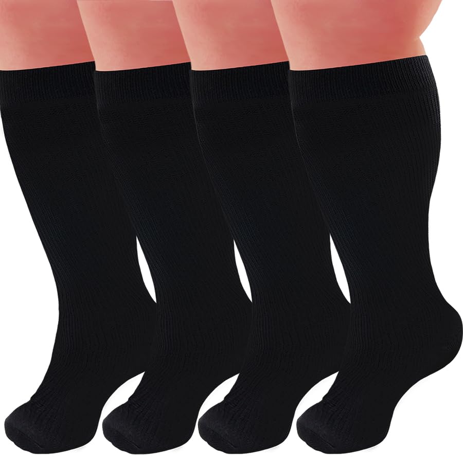 4 Pairs Plus Size Compression Socks for Women & Men (15-20mmHg) - Wide Calf Knee High Support Stockings for Circulation, Travel & Work - Breathable Medical Compression Socks for Nurses, Athletes & Pregnancy