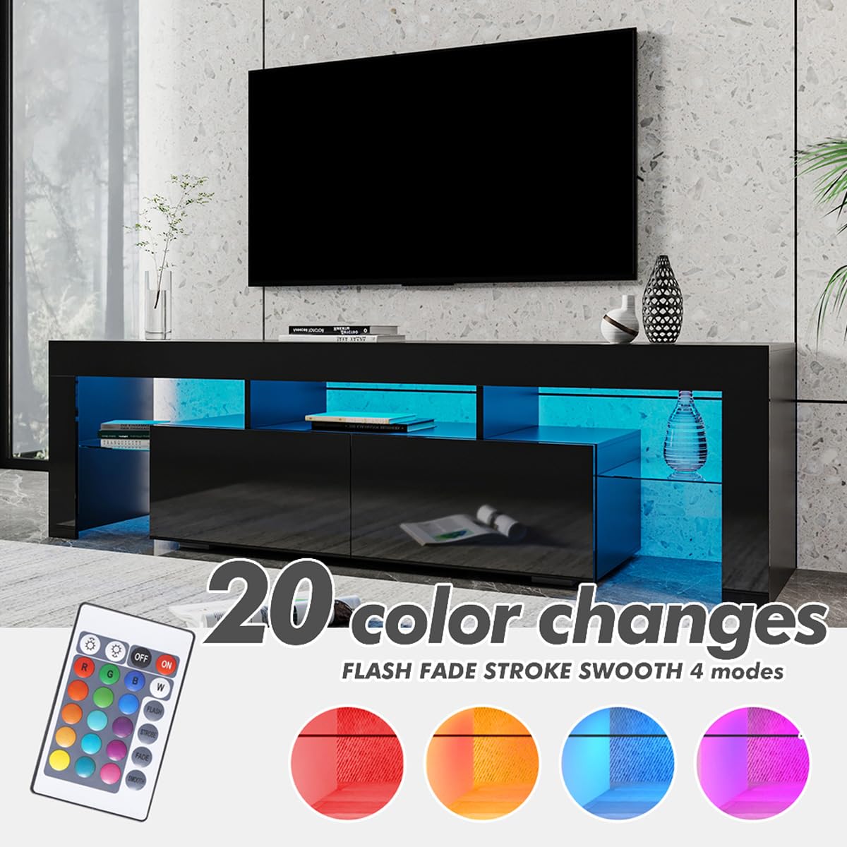 Modern LED TV Stand with Storage Drawers & 20-Color RGB Lights - Entertainment Center for Gaming & Media - Fits Up to 85 Inch TVs (78