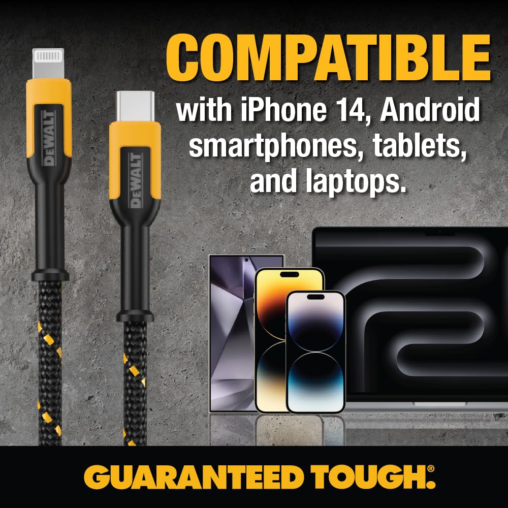 DEWALT Reinforced Braided Lightning to USB Charger Cable - 6FT Durable iPhone Charging Cord Compatible with iPhone 13/12/11/X/8 & More - Perfect for Home, Office, Travel & Car Charging