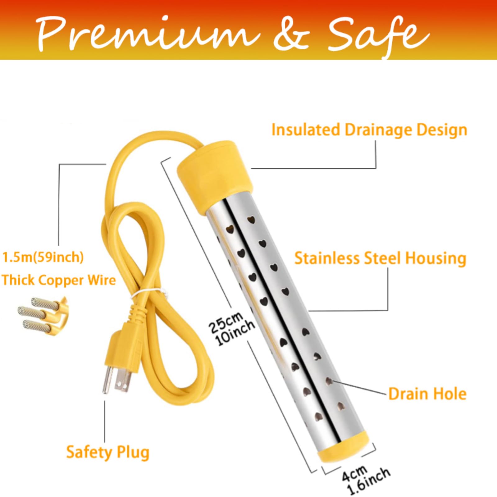 Fast Heating Immersion Water Heater for Bathtub - 304 Stainless Steel Submersible Heater with Protective Cover - Warms 5 Gallons in Minutes (Yellow) - Perfect for Bathrooms, Spas, and Home Relaxation