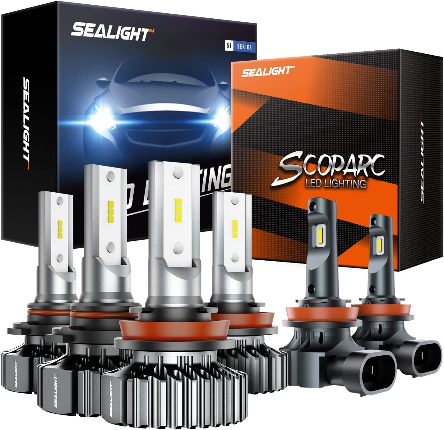 SEALIGHT 9005/HB3 H11/H9/H8 LED Bulbs Combo - Super Bright 6000K Cool White, Plug and Play Halogen Replacement for Cars, Trucks - Perfect for Night Driving and Fog Lights