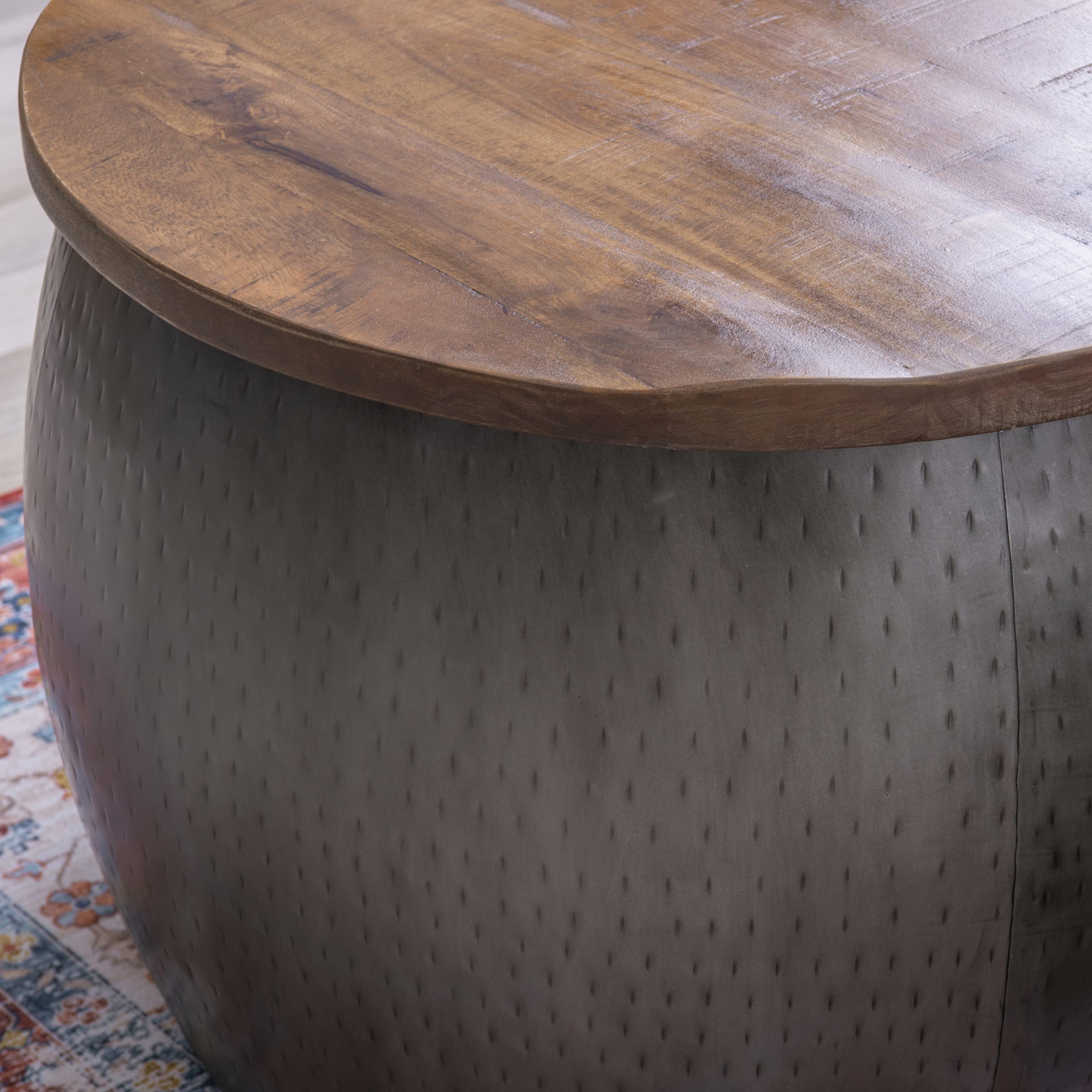 Powell Hammered Silver Drum Side Table with Natural Wood Lift Top Storage | Rustic Home Decor for Living Room, Bedroom & Office