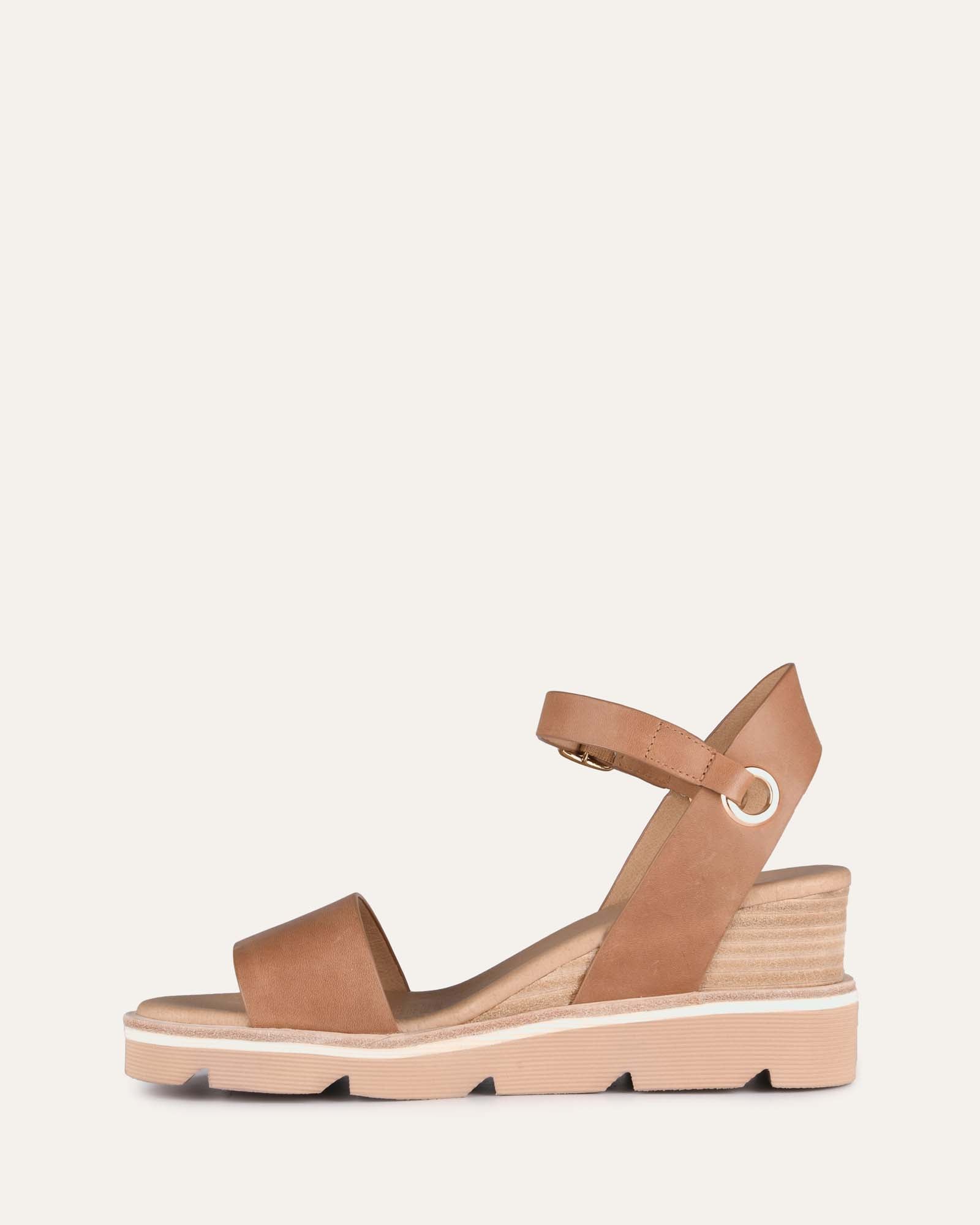 KATIE Women's Mid Heel Wedge Sandals - Tan Leather Comfortable Summer Shoes for Beach, Party & Casual Outings