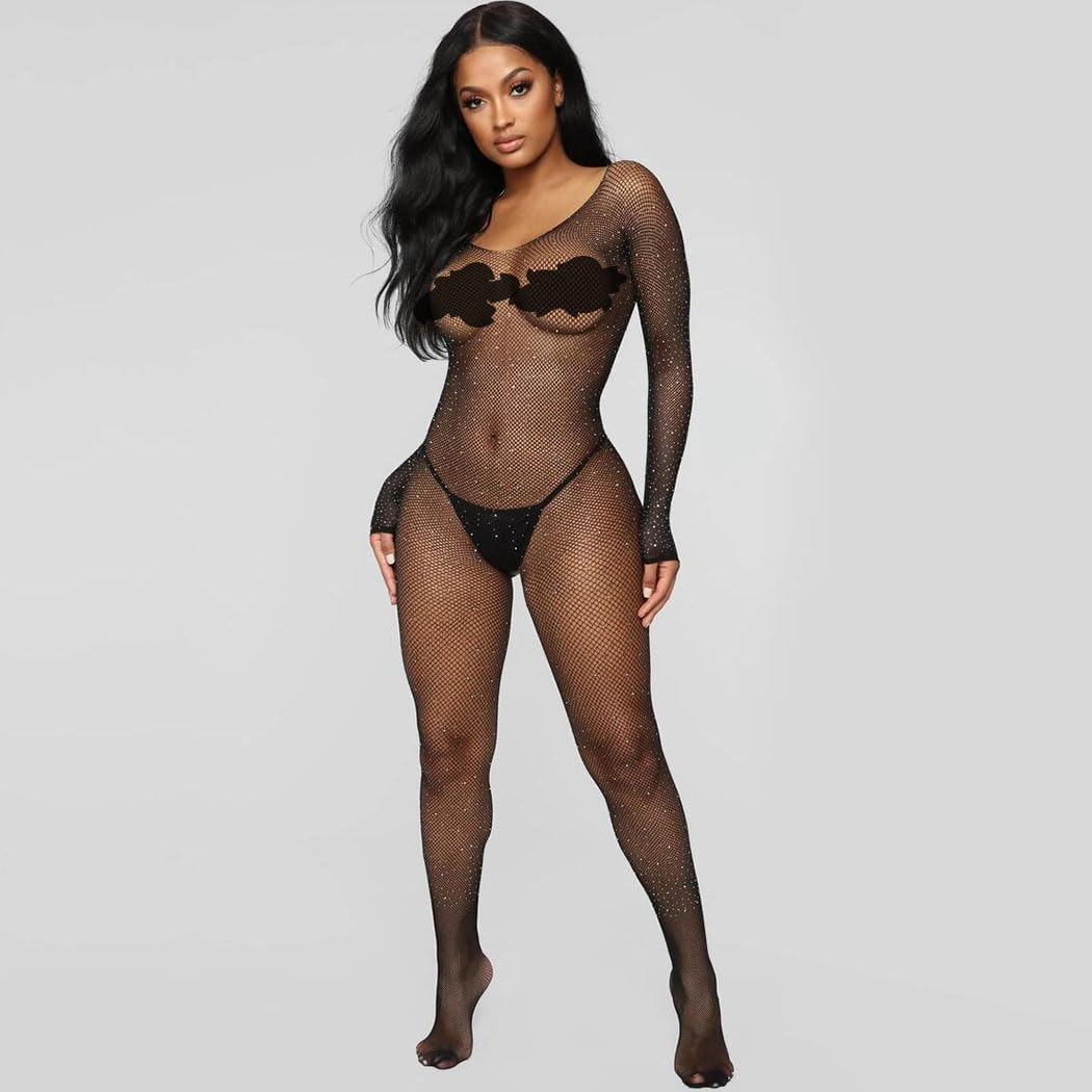 Sexy Rhinestone Fishnet Bodysuit for Women - Sparkling Spider Mesh One Piece Body Stocking | Perfect for Nightclub, Halloween & Boudoir Photography