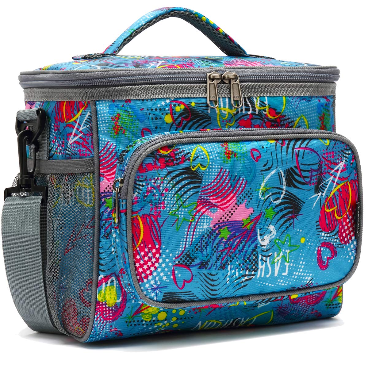 FlowFly Insulated Reusable Lunch Bag for Adults - Large Lunch Box with Adjustable Shoulder Strap, Front Zipper Pocket & Mesh Side Pockets - Perfect for Work, School, Picnics & Outdoor Activities