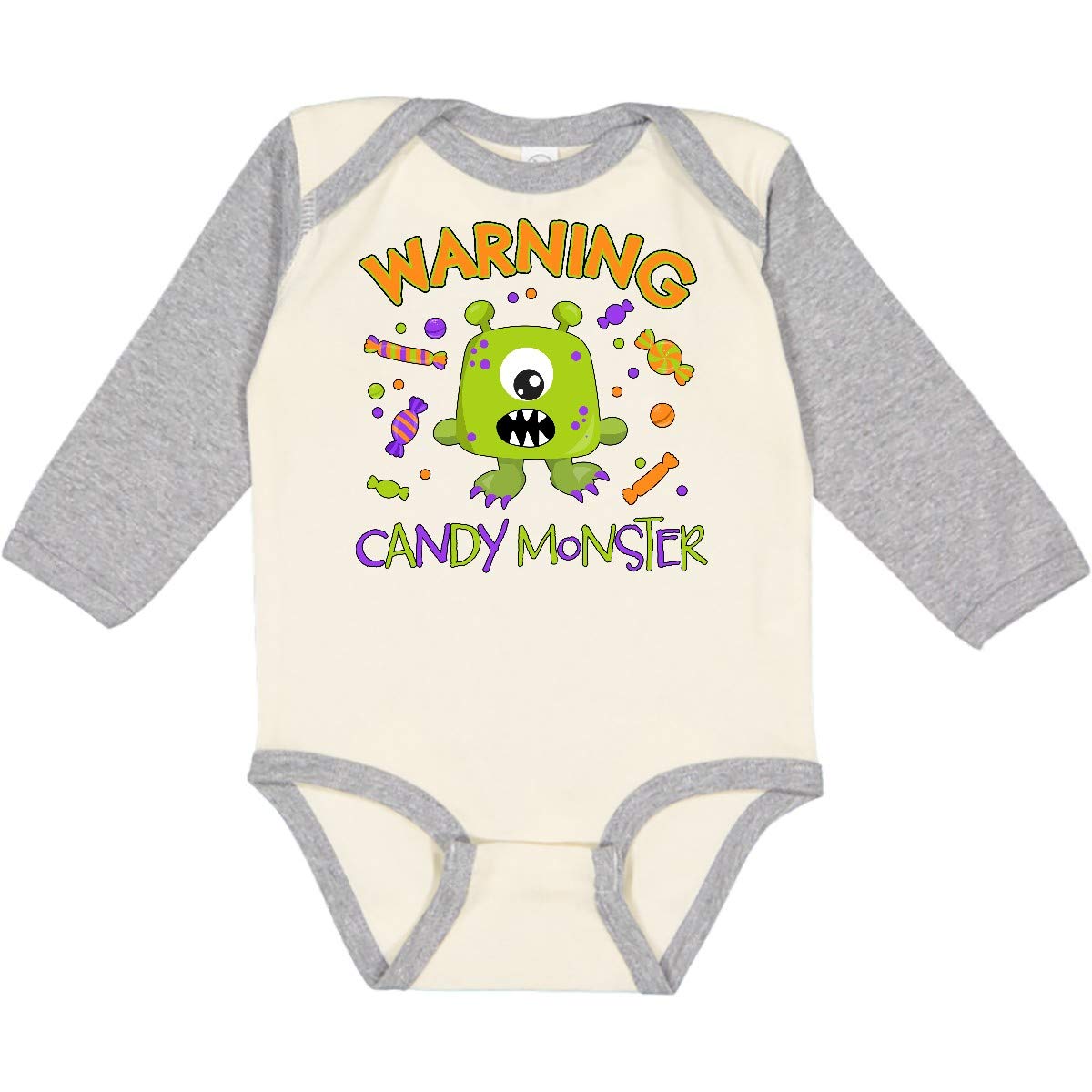 Inktastic Warning Candy Monster Graphic Cute Green Long Sleeve Baby Bodysuit - Perfect for Halloween Costumes & Funny Baby Photo Shoots