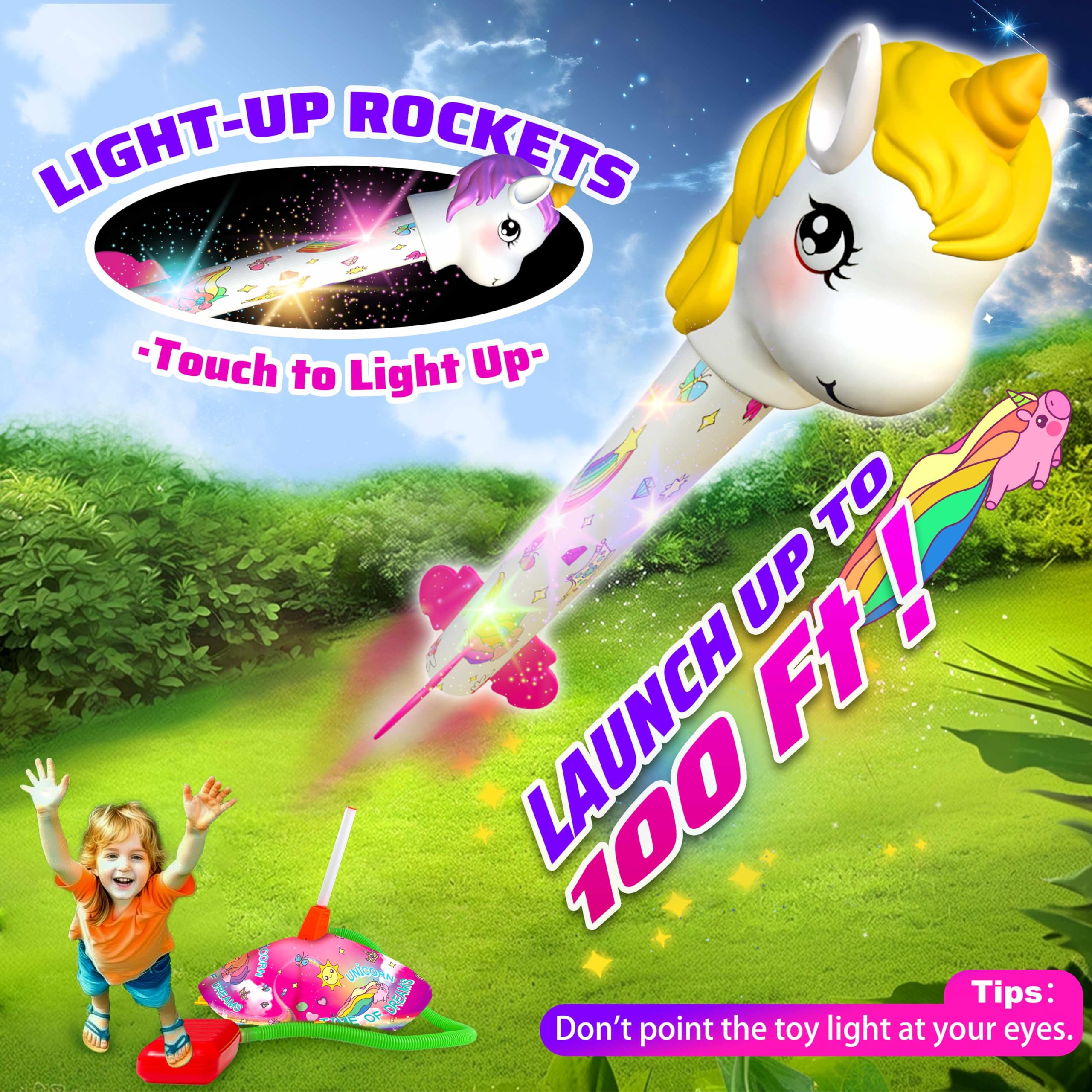 Unicorn Toy Rocket Launcher for Kids - 3 LED Light Up Rockets, Stomp Launch Outdoor Play Toy - Best Birthday Gift for Girls & Boys Ages 3-8 (Great for Backyard, Park & Outdoor Activities)