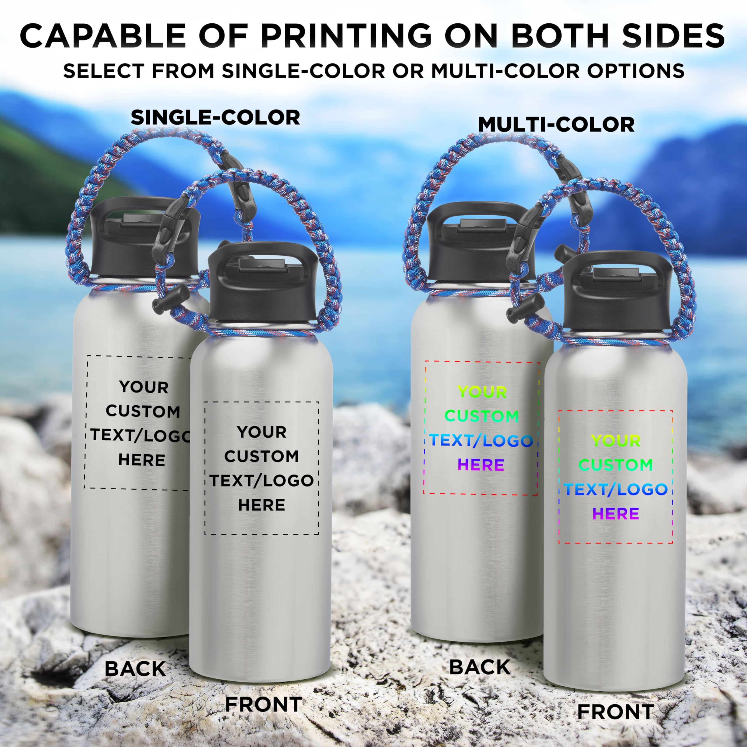 12 Pack 34oz Stainless Steel Water Bottles with Strap - Double Wall Vacuum Insulated, Custom Text & Logo - Silver - Perfect for Gym, Hiking, Office & Outdoor Activities