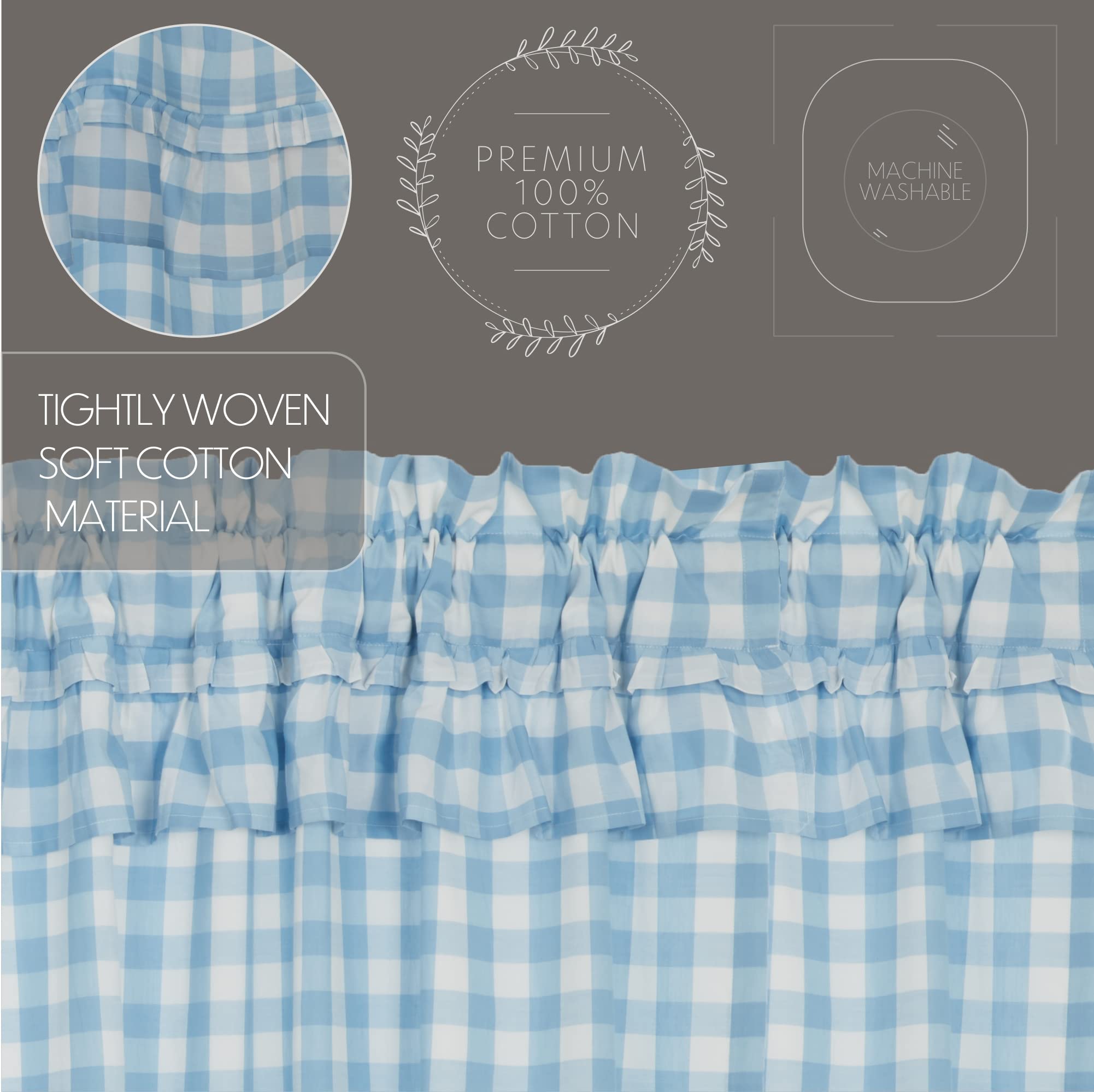 Annie Blue Buffalo Check Farmhouse Ruffled Tier Kitchen Curtain Set 24x36 - Rustic Country Style Window Treatment for Kitchen, Dining Room & Cabin Decor