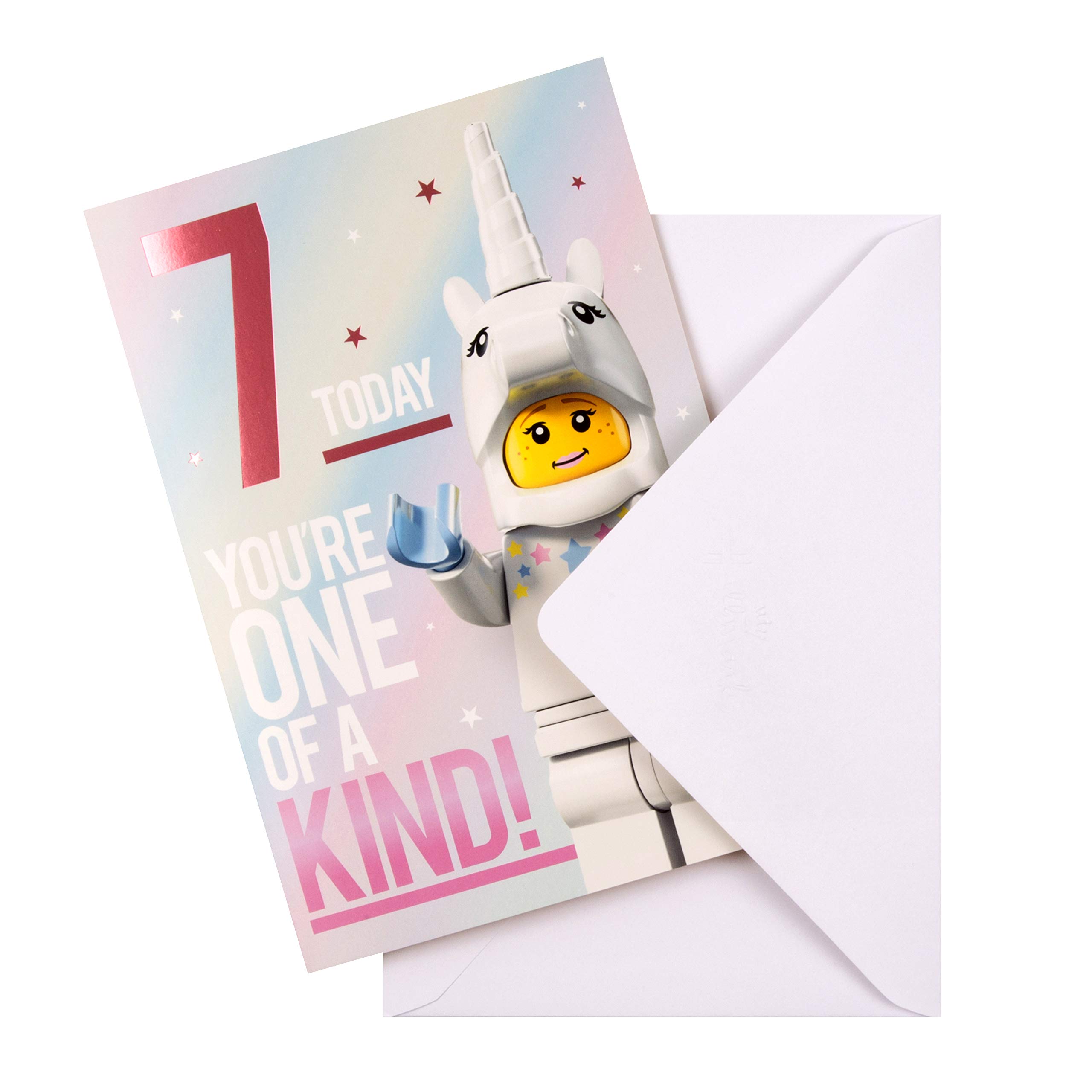 Hallmark Age 7 Birthday Card - Lego Minifigure Design | Fun Construction Theme Greeting Card for Boys & Girls | Perfect for Kids' Parties & Gift Giving