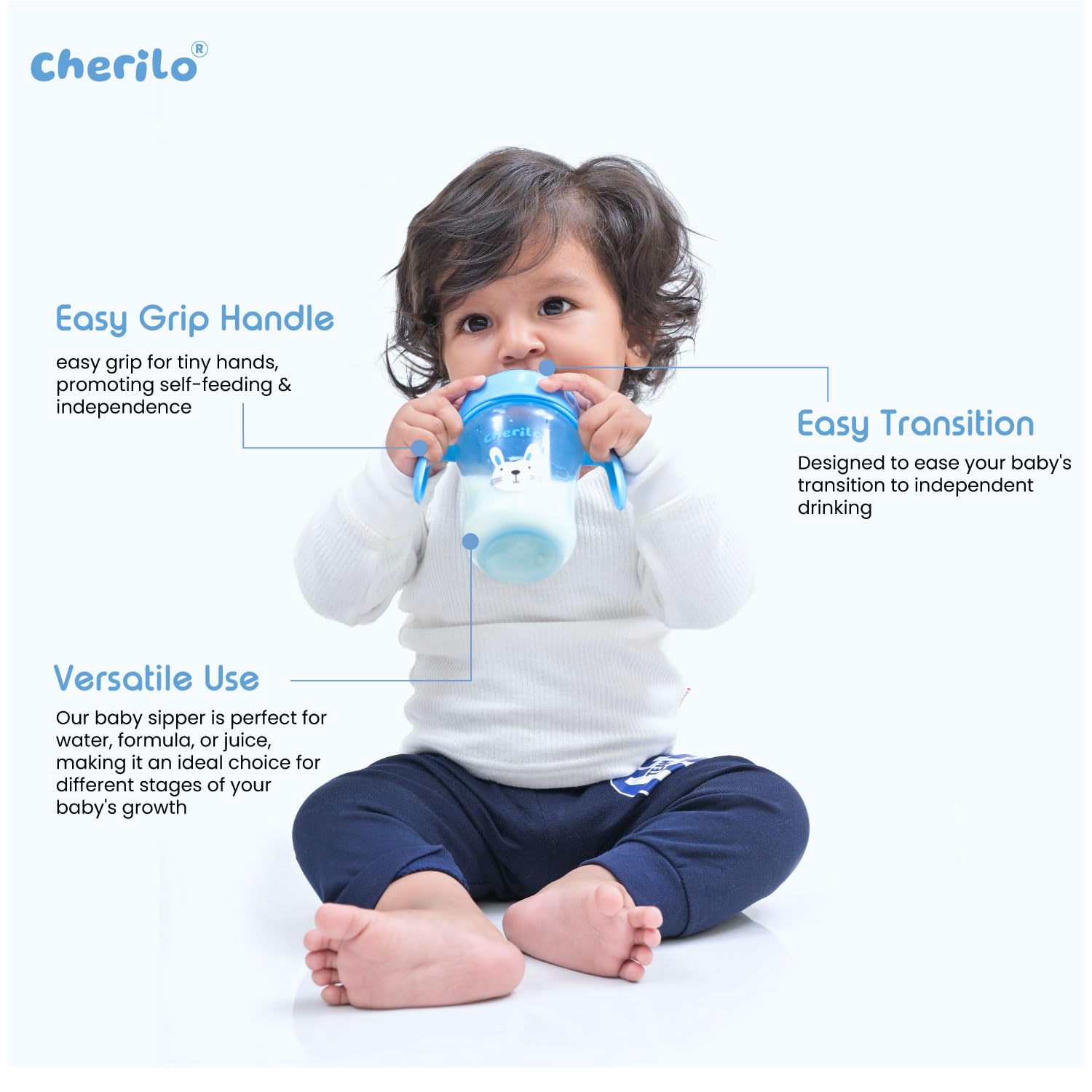 Cherilo Little Bunny Baby Sippy Cup - Leak Proof Training Cup for 6-12 Month Olds - Soft Silicone Spout & Straw with Handles - BPA Free Non-Toxic Baby Water Bottle (210ml, Blue) - Perfect for Daycare, Travel & Learning to Drink Independently