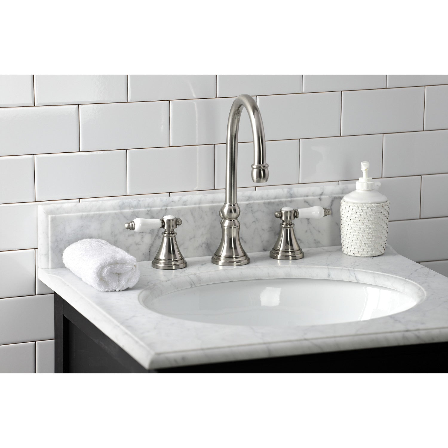 Bel Air KS2988BPL Brushed Nickel Widespread Bathroom Faucet - 2 Handle 3 Hole Deck Mount with Brass Pop Up Drain - Perfect for Modern Bathroom Vanities and Sink Upgrades