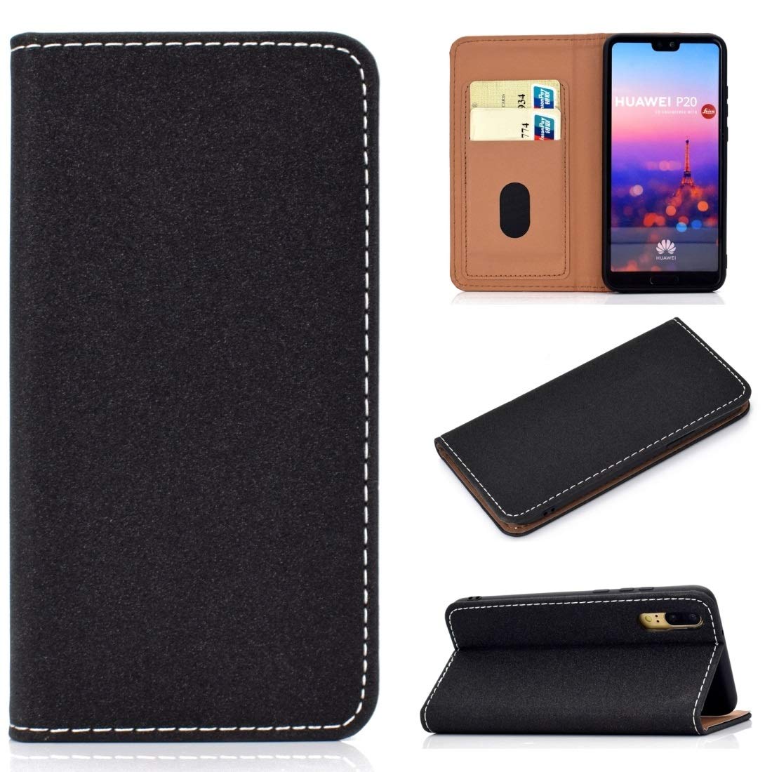 Huawei P20 Magnetic Flip Leather Case with Card Slots & Holder - Solid Color Frosted Anti-Slip Cover (Black) | Perfect for Business Professionals & Daily Use