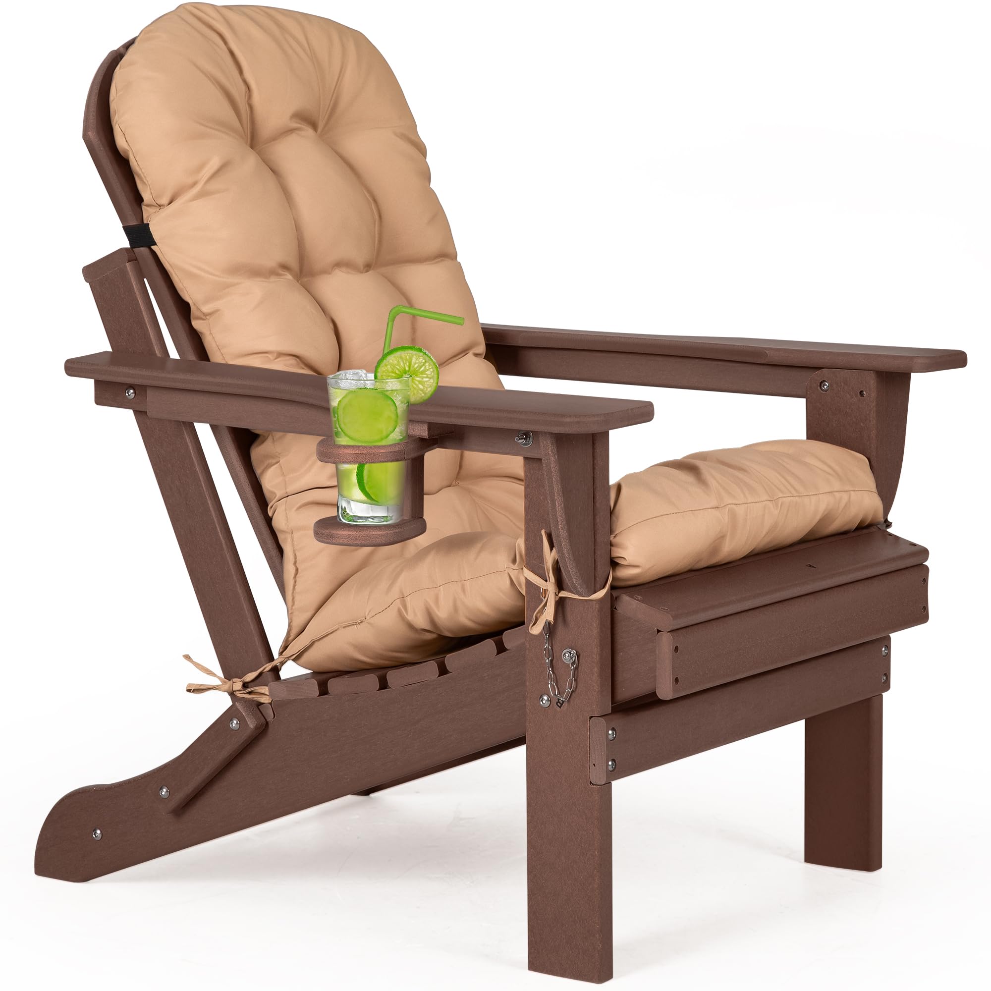 Nalone Folding Adirondack Chair with Cushion & Cup Holder - HDPE Plastic Oversized Patio Chair, Weather-Resistant Outdoor Furniture for Garden, Deck, Fire Pit, Camping & Backyard Relaxation (Brown)