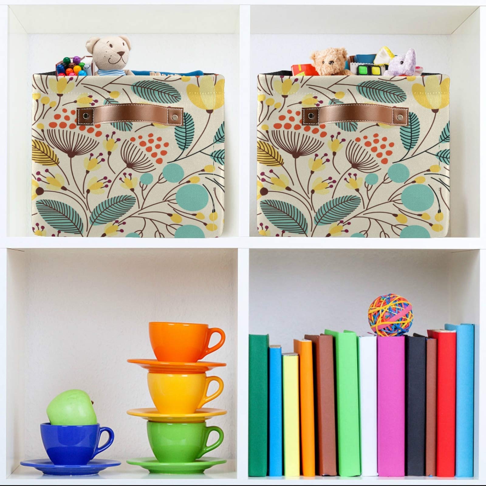 Yellow Floral Canvas Storage Basket - Square Storage Bin for Home & Office Organization - Closet, Shelf, and Desk Organizer - Perfect for Bedroom, Bathroom, and Kids' Room Storage (1-Pack)