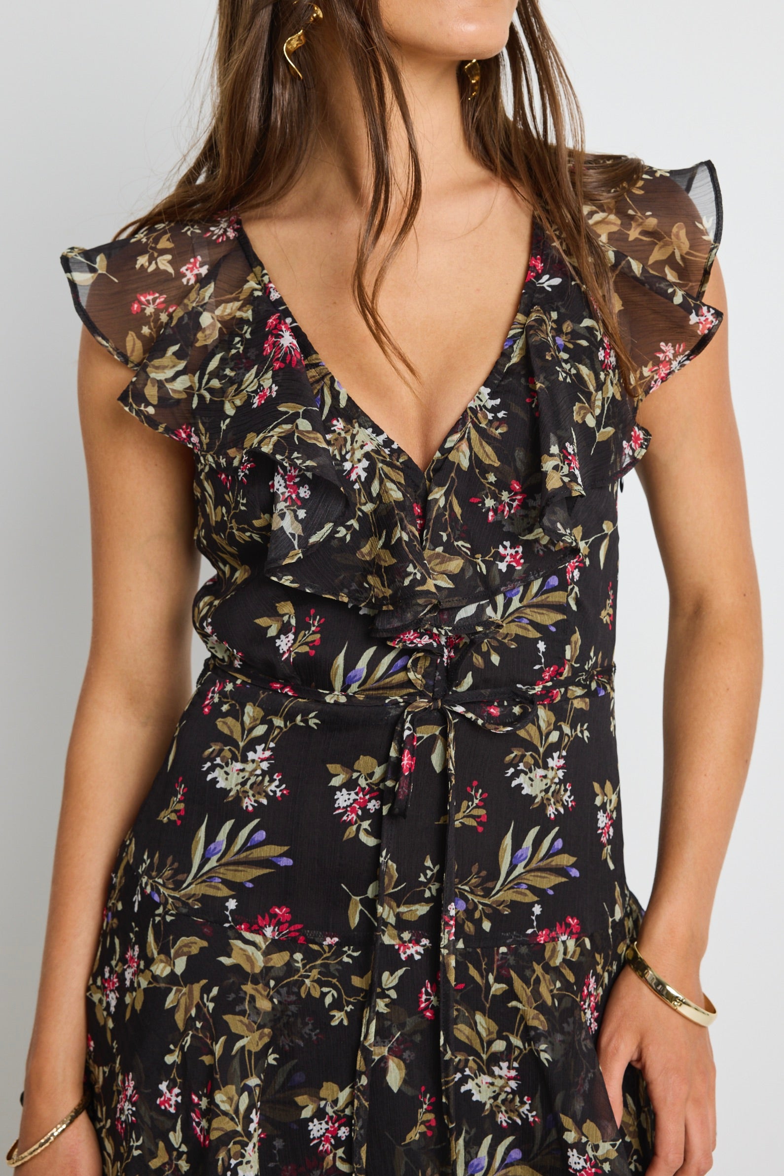 Everly Black Posy Floral Flutter Sleeve Tiered Maxi Dress for Women - Summer Boho Beach Wedding Guest Dress with Pockets