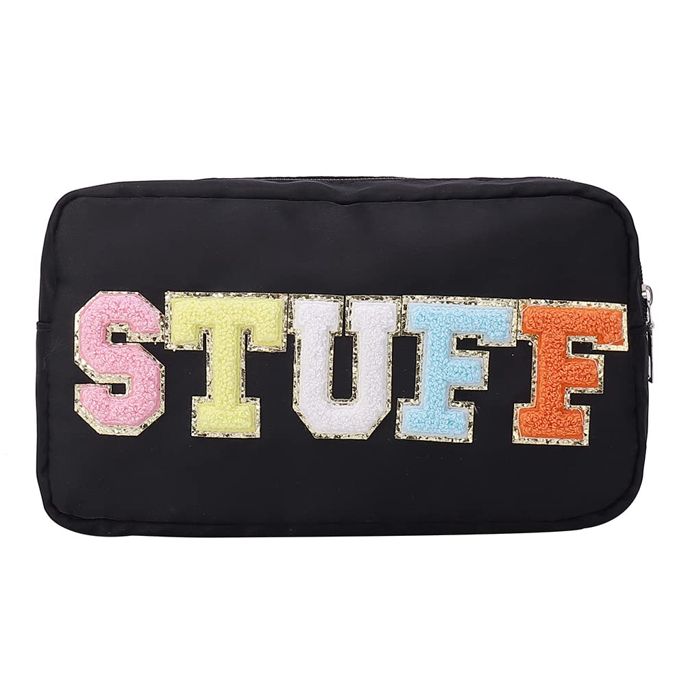 Preppy Makeup Bag - Nylon Cosmetic Organizer with Chenille Letters for Travel & Purse