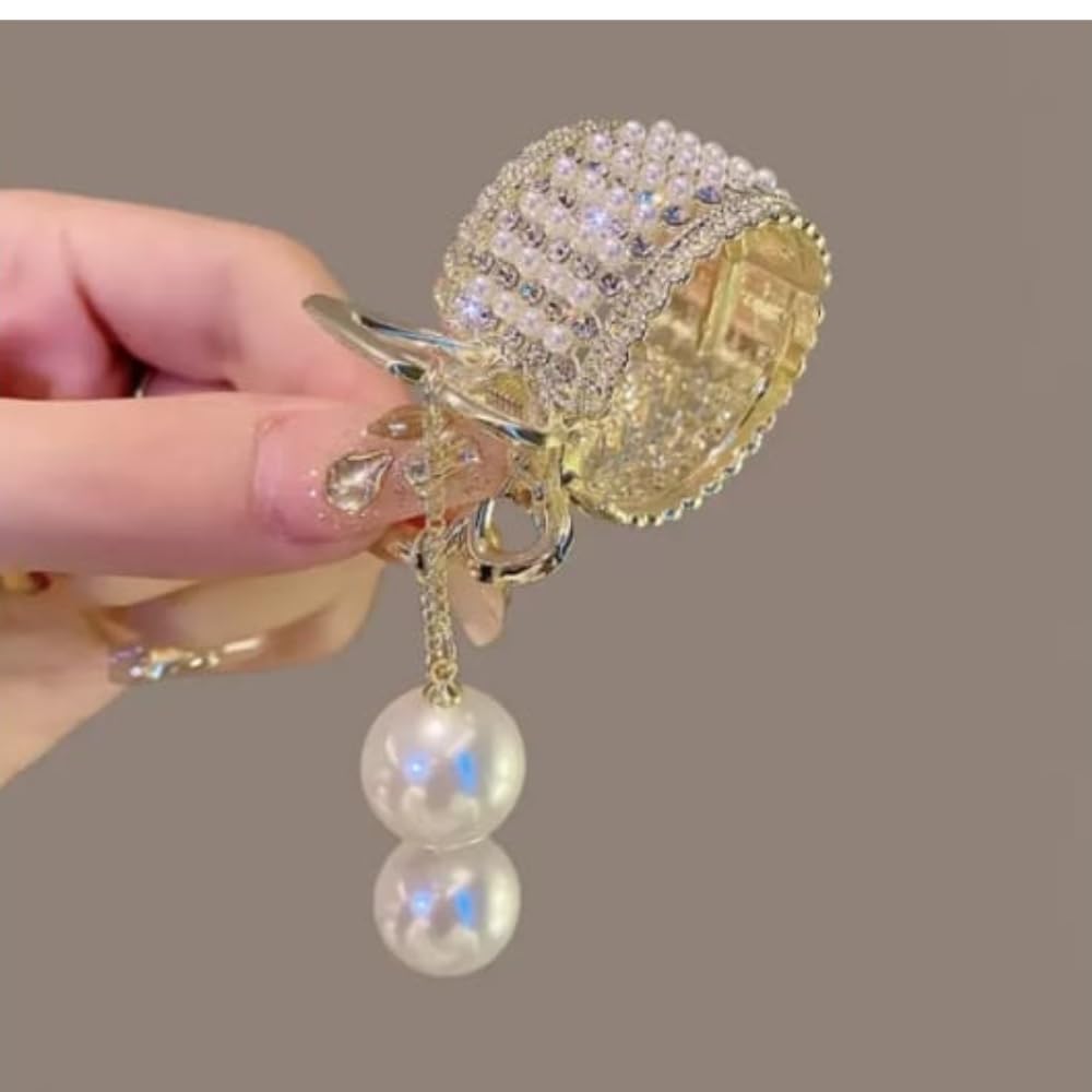 Elegant Pearl Rhinestone Hair Clip for Women - Sparkly Metal Spring Ponytail Holder Barrette Accessories (1 Pack, Medium Size) - Perfect for Weddings, Parties & Everyday Hairstyles