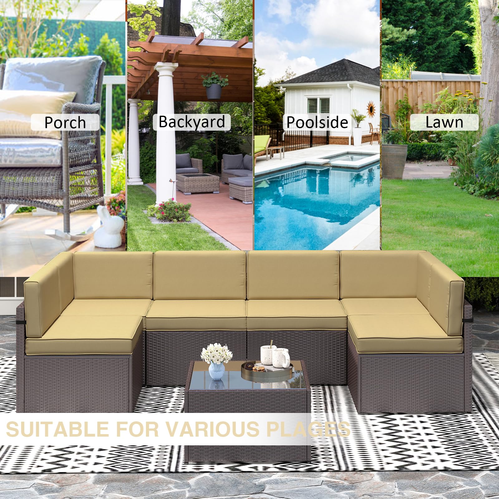 Premium Outdoor Patio Furniture Set - 7-Piece PE Rattan Wicker Sectional Sofa with Glass Coffee Table & Cushions for Porch, Balcony, Garden, Poolside (Khaki) | Perfect for Relaxing, Entertaining & Outdoor Living Spaces