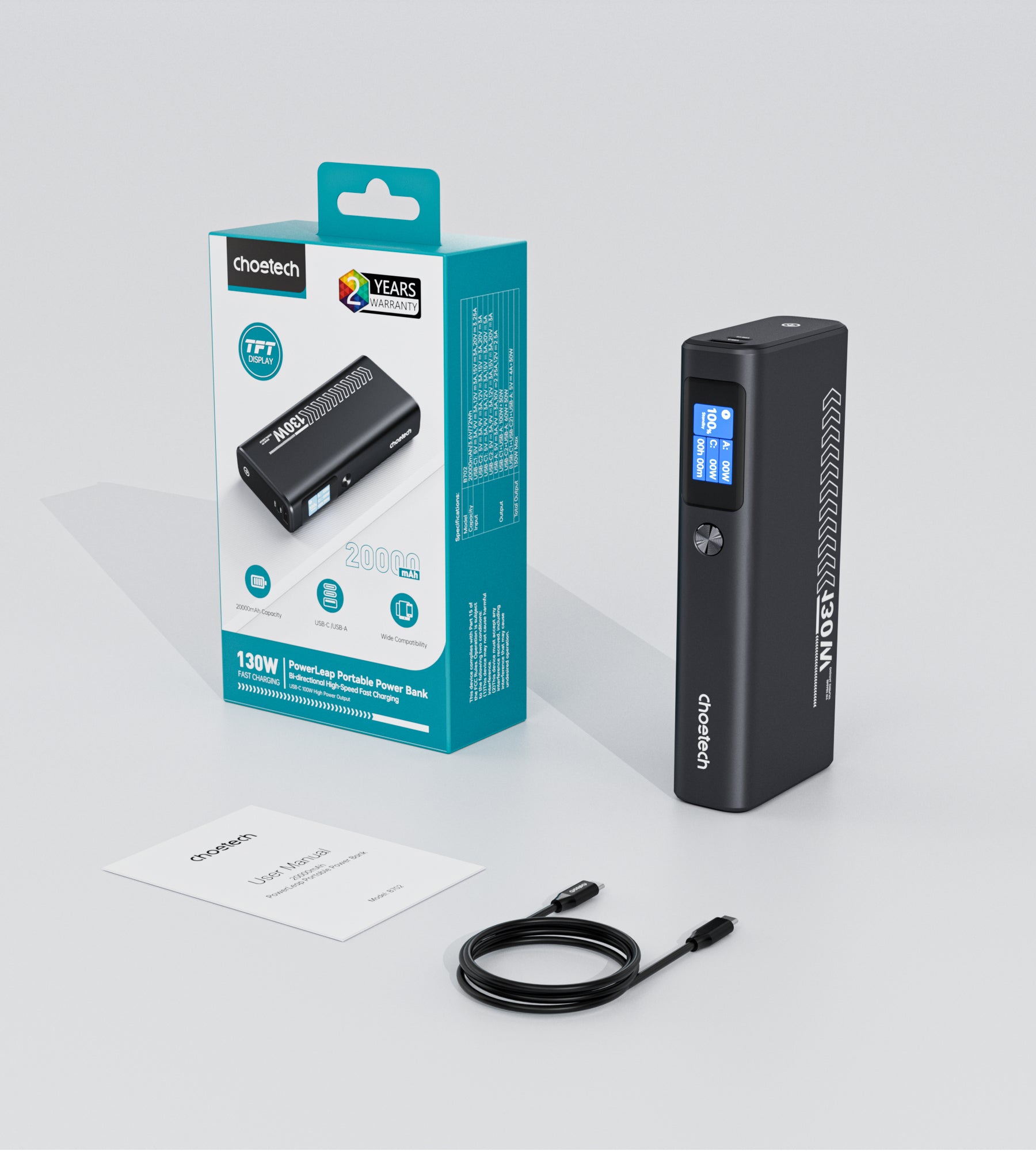 Choetech 20000mAh PD130W Fast Charging Power Bank with 2 USB-C & 1 USB-A Ports - High Capacity Portable Charger for iPhone, Samsung, Laptop - Perfect for Travel, Camping & Emergency Backup