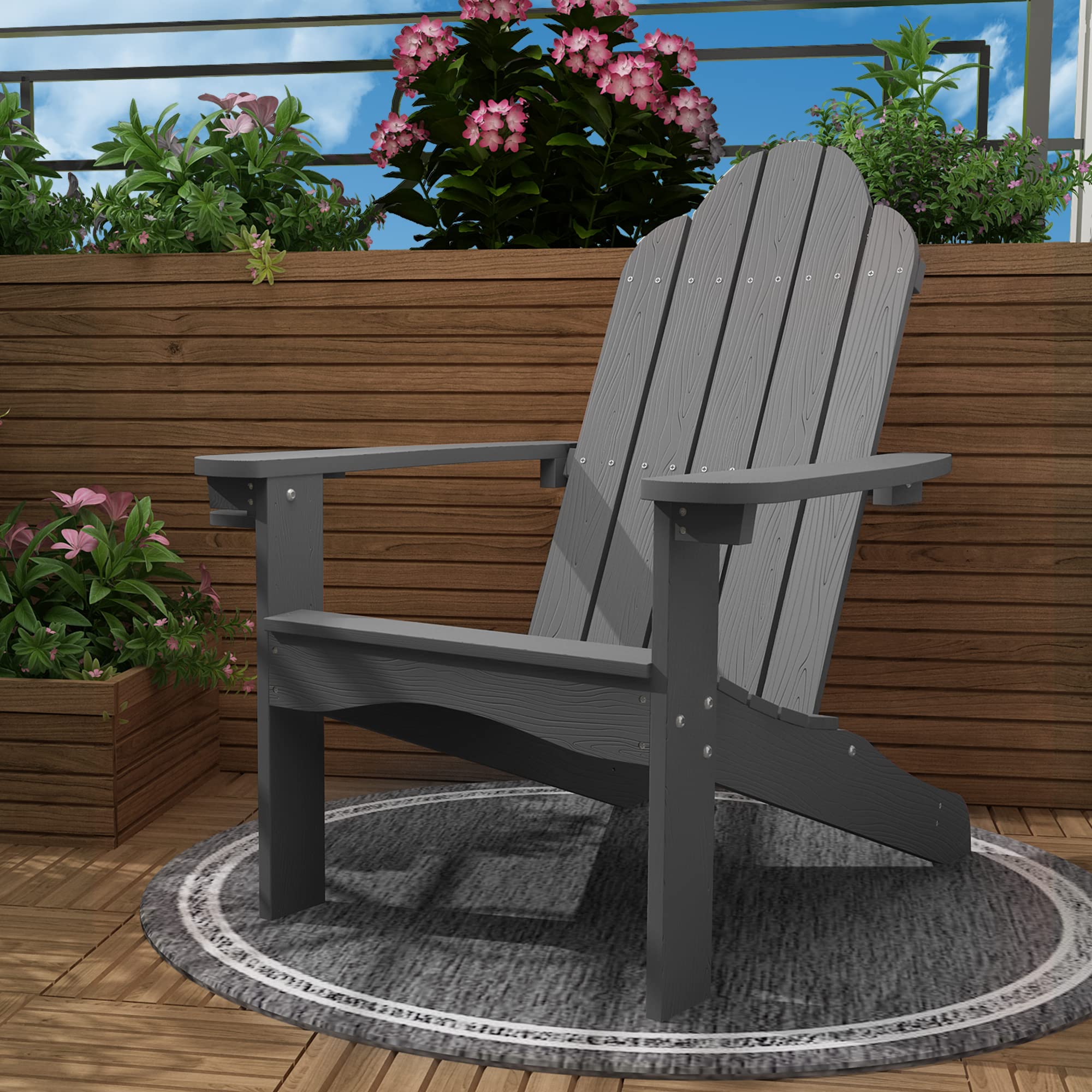 Premium LUE BONA HDPS Adirondack Chairs Set of 4 - Heavy Duty 350LBS Capacity Weather-Resistant Outdoor Patio Furniture with Cup Holder - Perfect for Backyard, Deck, Poolside & Camping - Dark Gray Modern Plastic Chairs