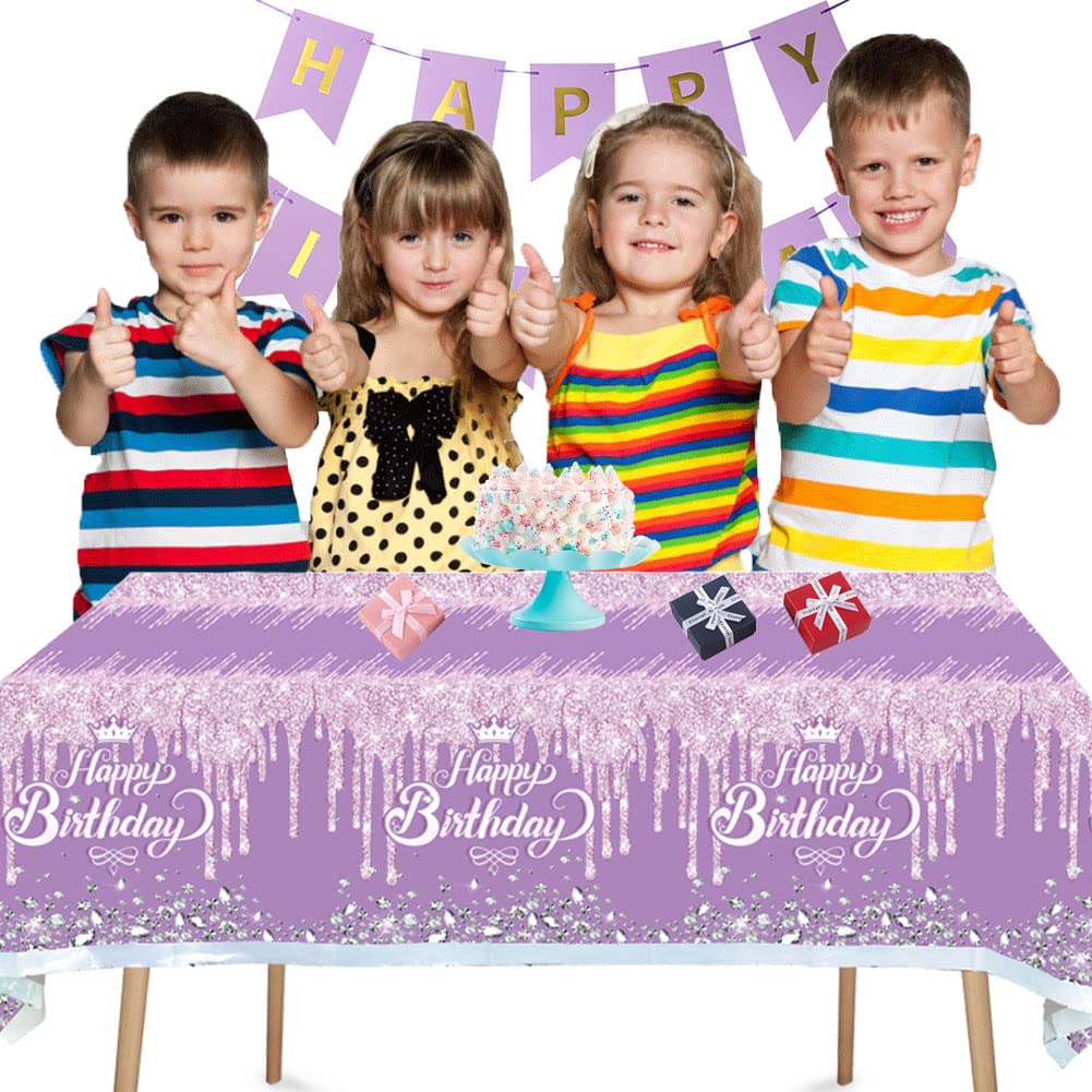 2 Pack Purple & Silver Glitter Diamond Happy Birthday Tablecloth - 70 x 51 Inch Party Table Cover for Boys & Girls Birthday Decorations - Perfect for Birthday Parties, Baby Showers & Special Events