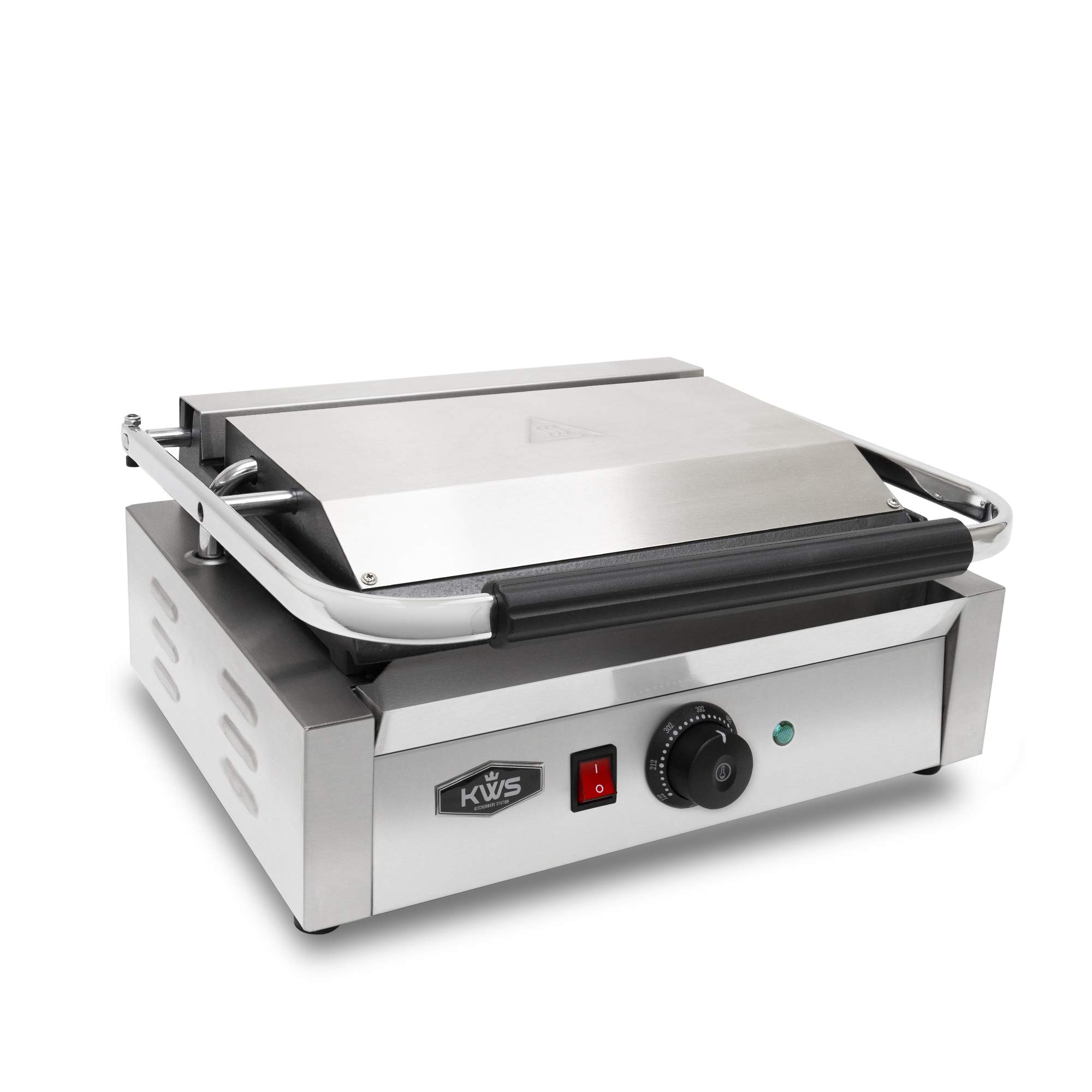 Premium 110V Commercial 1700W Electric Panini Press Grill with Non-Stick Grooved Plates - 13.5