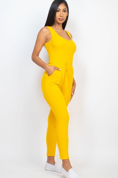 Stylish Ribbed Sleeveless Drawstring Jumpsuit for Women - Comfortable Summer Romper with Adjustable Waist - Perfect for Beach Vacations, Casual Outings & Date Nights