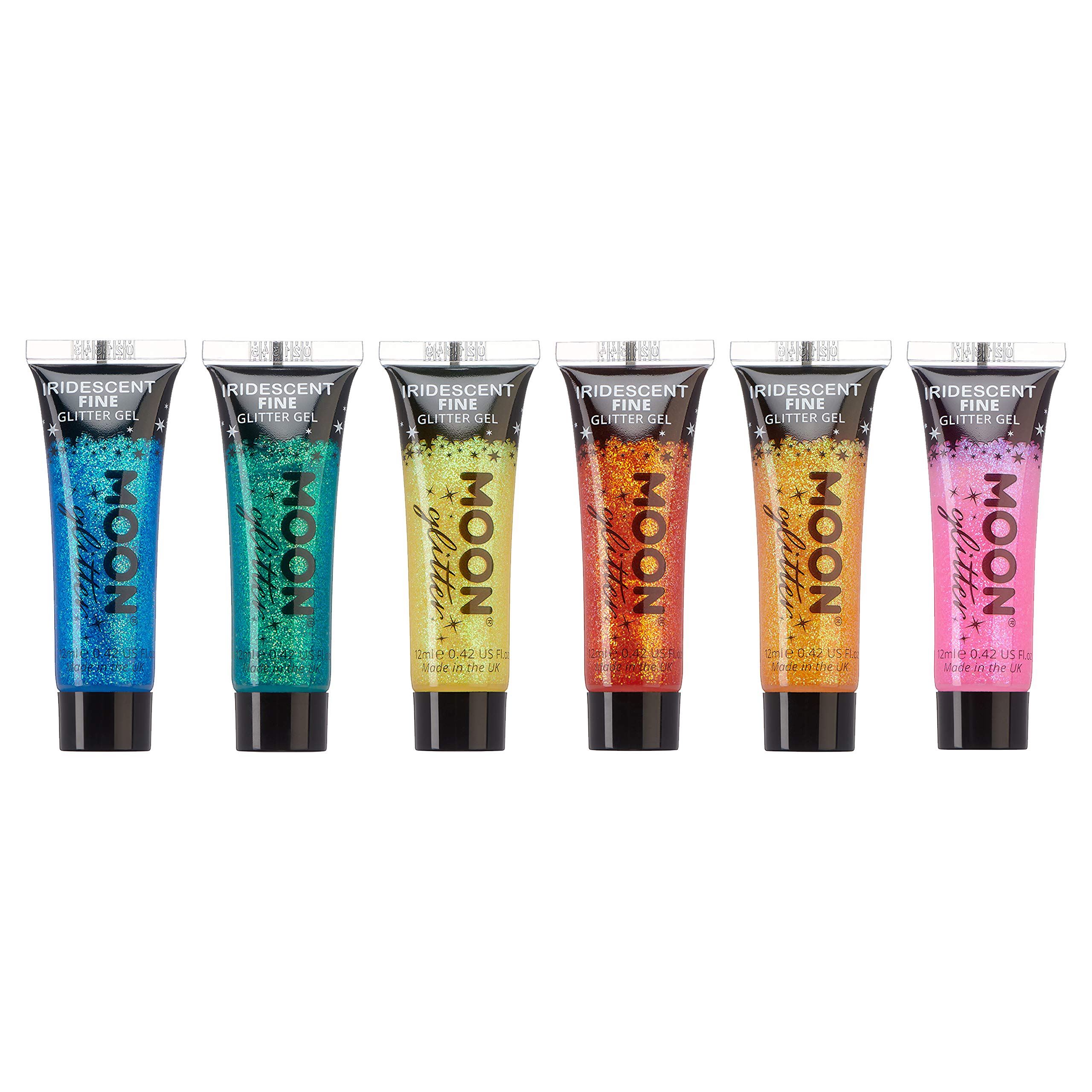 Iridescent Fine Face & Body Glitter Gel by Moon Glitter - 6 Color Set (12ml) | Cosmetic Festival Glitter for Face, Body, Hair & Nails | Perfect for Parties, Halloween, Raves & Festivals