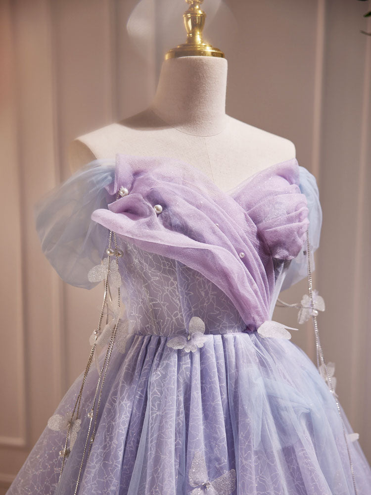Elegant Purple Off-Shoulder Tulle Short Prom Dress for Homecoming, Party & Special Occasions | Flattering A-Line Silhouette | Perfect for Dances, Formals & Evening Events