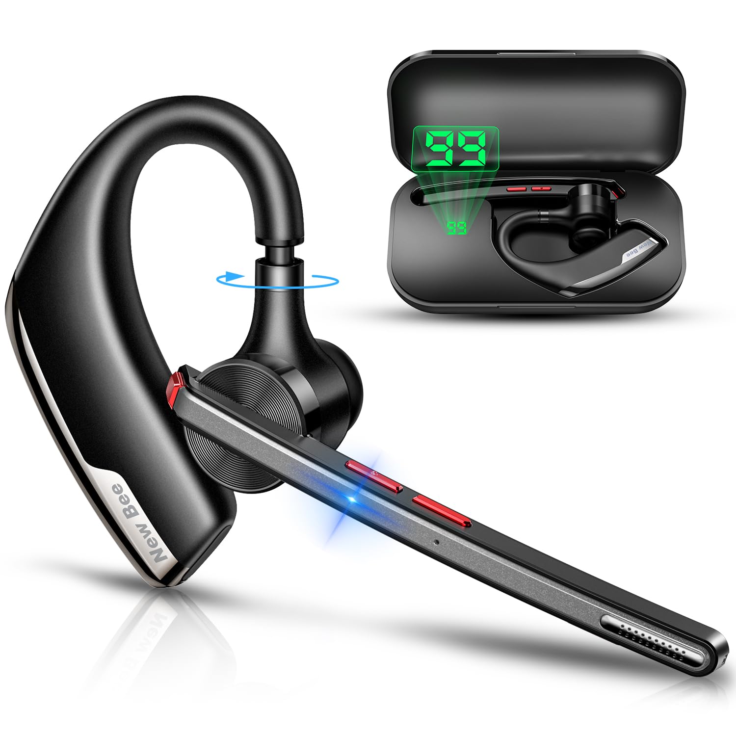 Wireless Bluetooth Earpiece V5.2 with 500mAh Charging Case - 80H Playtime, Dual Mic Noise Cancelling Hands-Free Headphones for Phone Calls, Office, Driving & Commuting | Compatible with iPhone & Android Devices