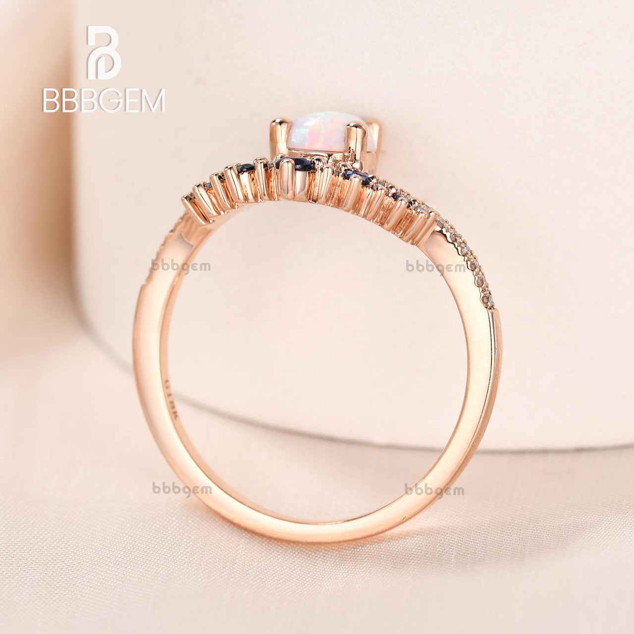Vintage 14K Rose Gold Pear Cut White Fire Opal & Blue Sapphire Engagement Ring for Women - Elegant Wedding, Anniversary & Promise Jewelry Gift