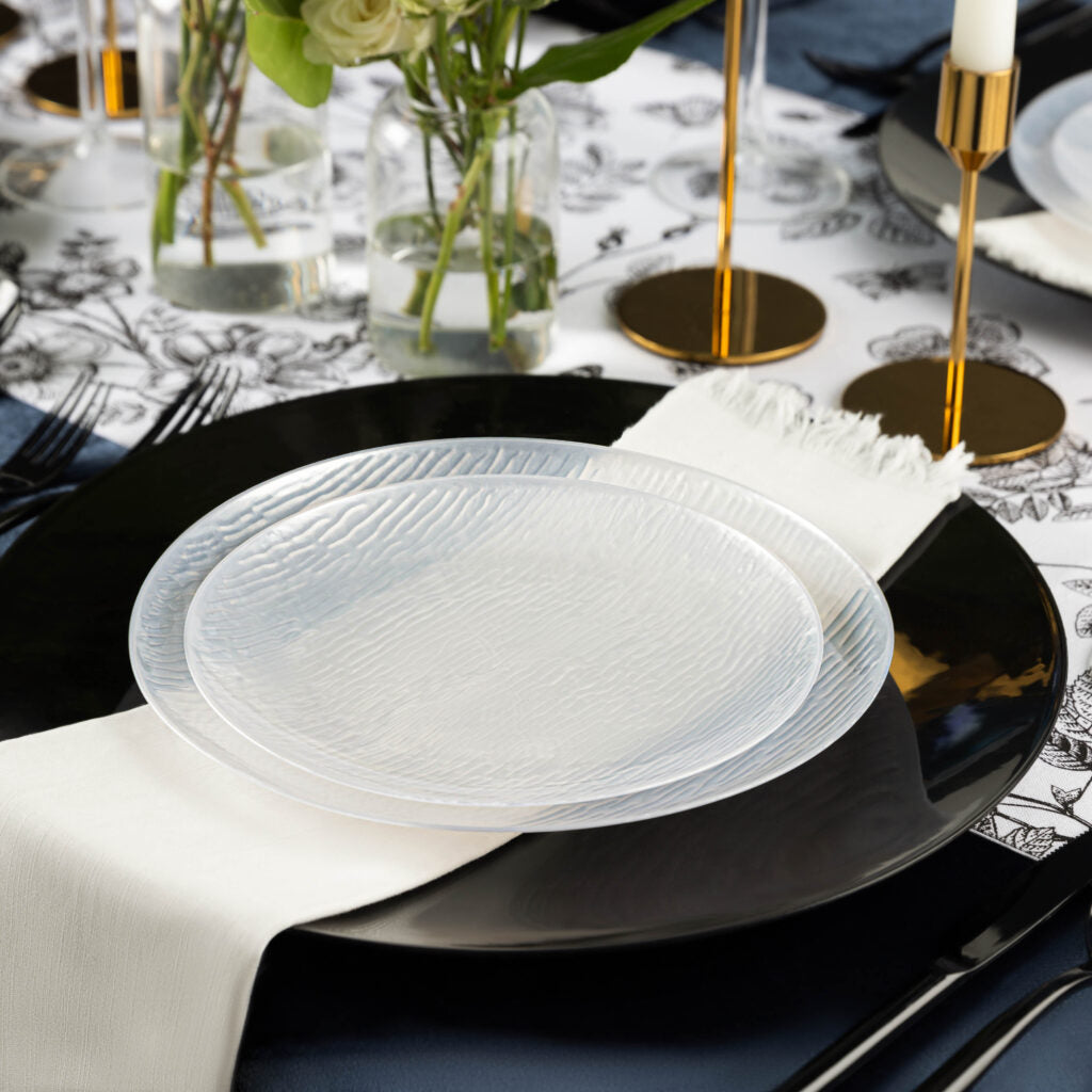 32-Piece Clear Pearl Round Plastic Dinnerware Set for 16 Guests - Elegant Disposable Plates, Bowls, Cups & Utensils - Perfect for Weddings, Parties, Catering & Outdoor Events