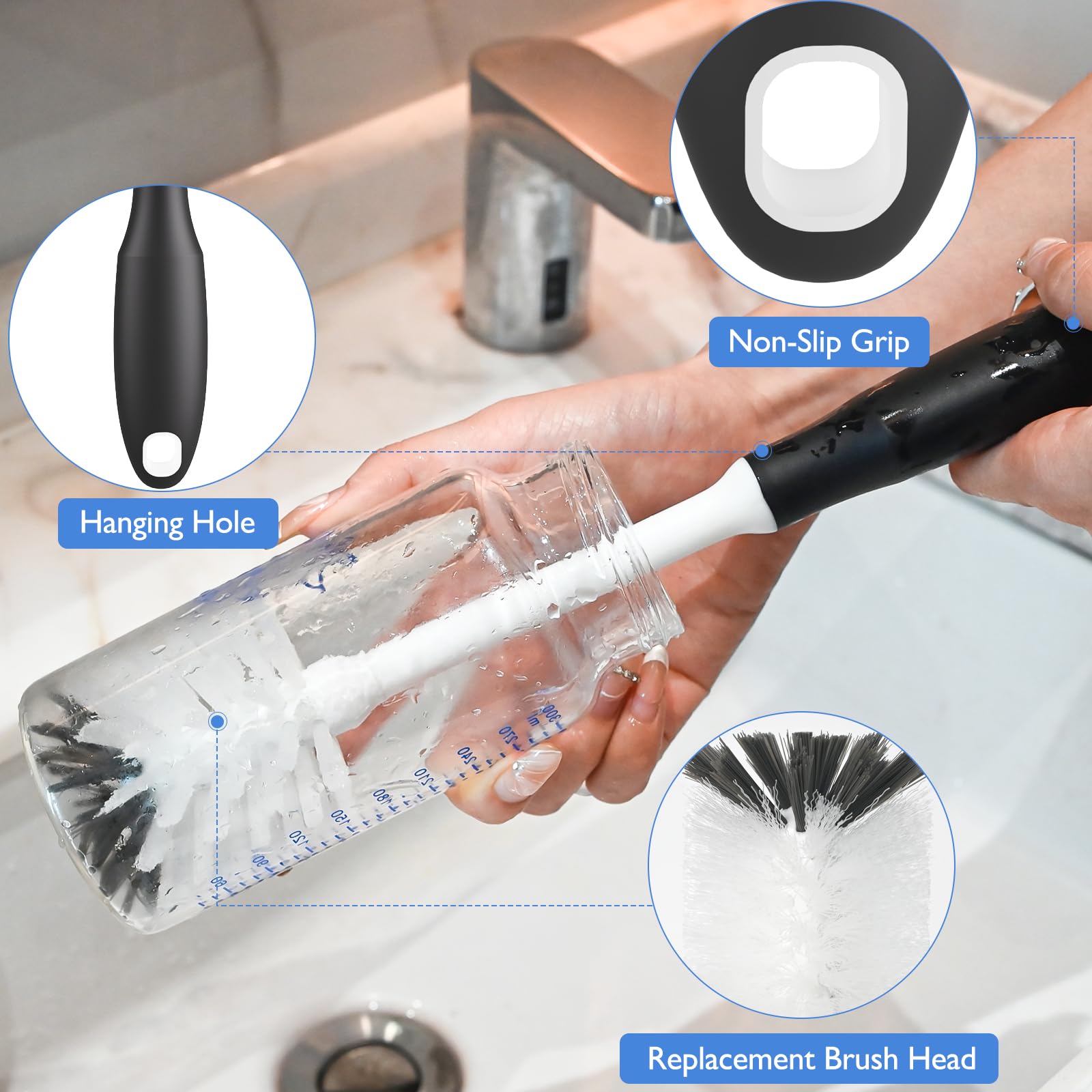 **Baby Bottle Brush Cleaner with Long Handle & Replaceable Head - 2 Pack Black - Perfect for Washing Bottles, Cups, and Glasses - Ideal for Nurseries, Kitchens, and Travel**