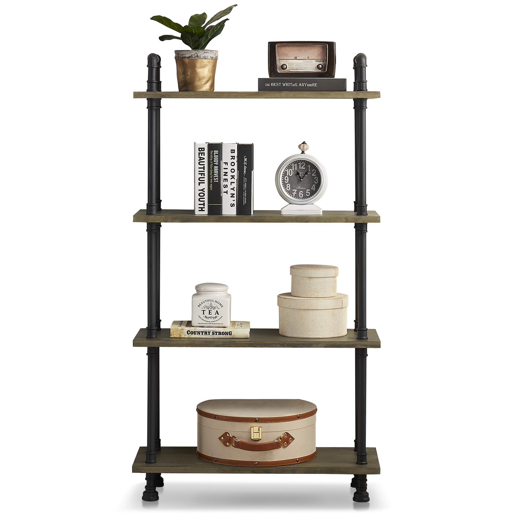 Ivinta 4-Shelf Industrial Bookcase - Heavy Duty Rustic Bookshelf for Farmhouse, Vintage Kitchen & Plant Display - Wide Open Pipe Storage Shelf for Home Office, Living Room & Bedroom Organization