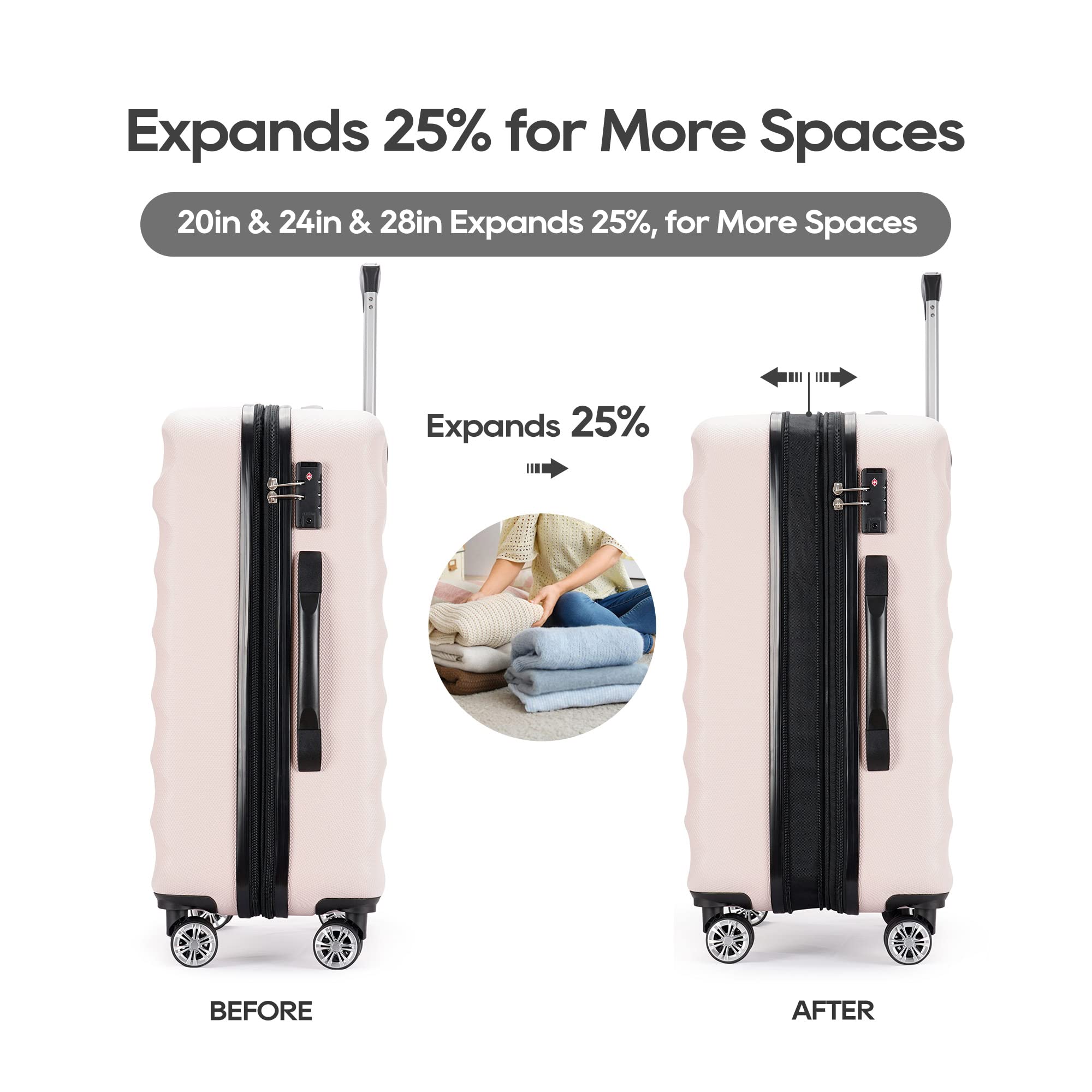3-Piece Expandable ABS Hardshell Luggage Set with Spinner Wheels & TSA Lock - 20/24/28 Inch Carry-On Suitcases for Family Travel (White & Brown) - Perfect for Air Travel, Business Trips & Vacation Getaways