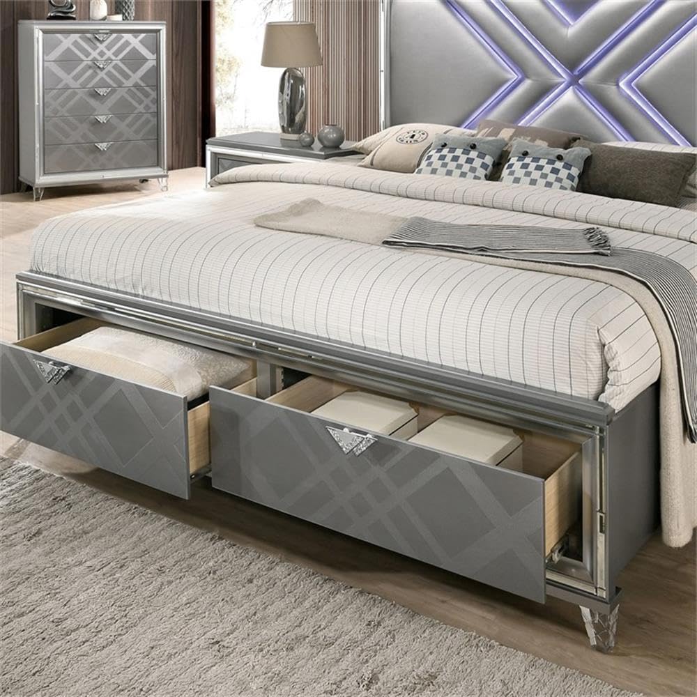 FOA Anaiya 3-Piece Solid Wood Bedroom Set - Queen Bed & 2 Nightstands in Silver Finish | Modern Bedroom Furniture for Home Decor | Perfect for Master Bedrooms & Guest Rooms
