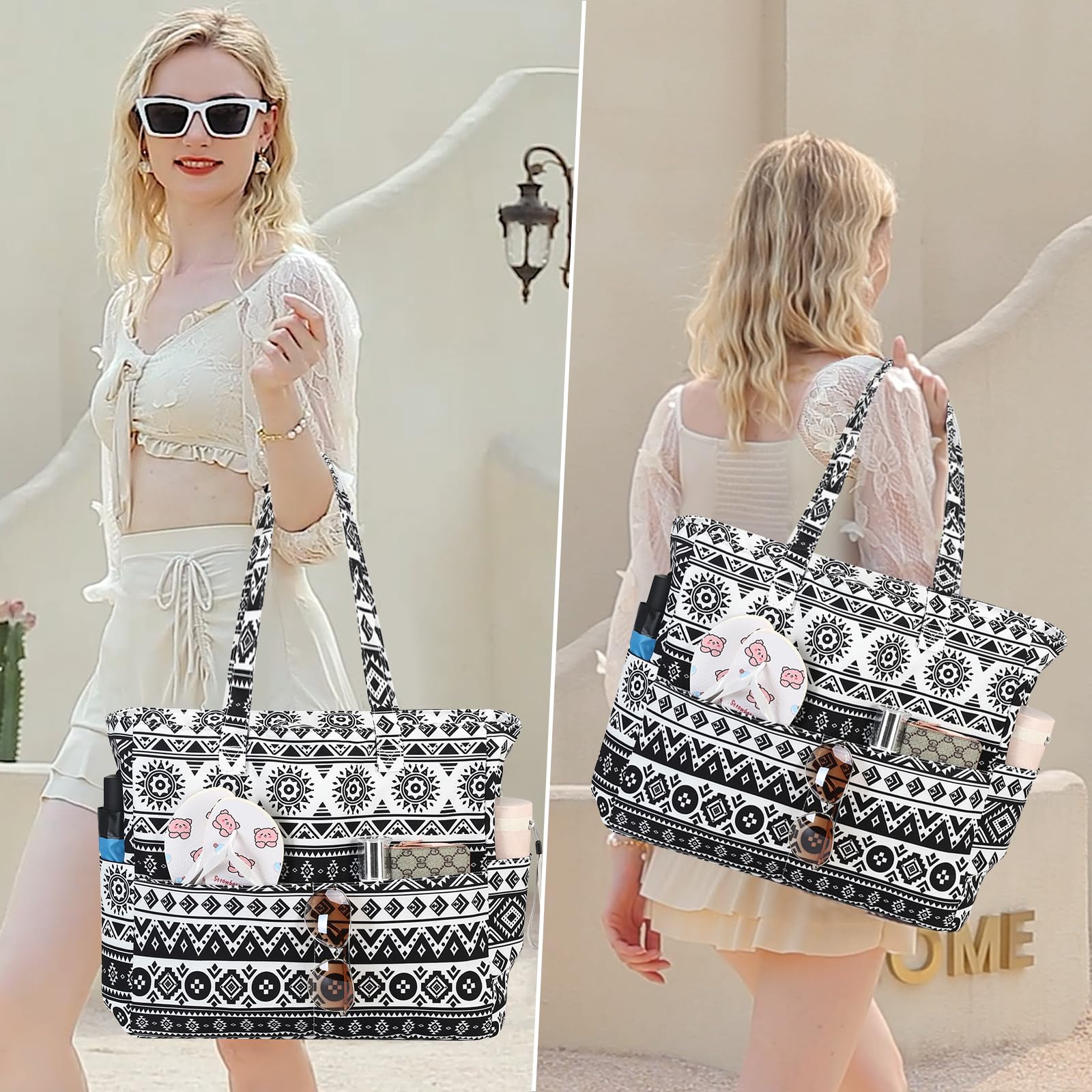 Waterproof Sandproof Large Beach Tote Bag for Women with Zipper & Wet Pocket - Perfect for Pool, Gym, Grocery Shopping & Travel Accessories | Durable Carryall for Summer Vacation, Beach Day & Outdoor Activities