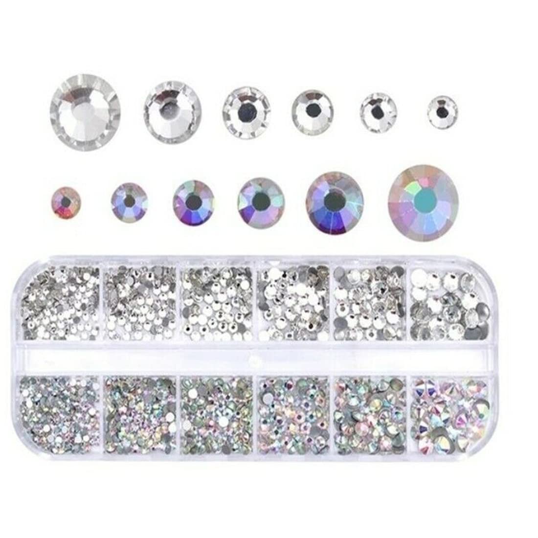 12 Grid Nail Rhinestones Set - 1.5mm-6mm 3D Glass Crystal AB & Clear Nail Gems with Pearls for Nail Art | Perfect for DIY Manicure, Nail Salon, Wedding, Party & Special Occasion Nail Designs