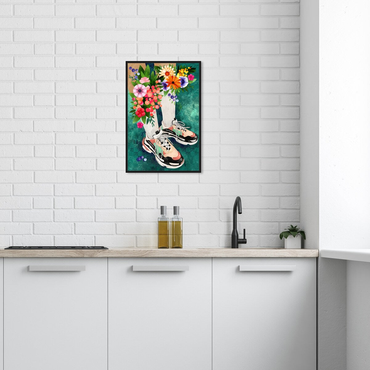 Stylish Floral Sneakers & Socks Set with Modern Green Framed Canvas Wall Art - Perfect for Bedroom Decor and Fashion Outfits | Home & Fashion Combo