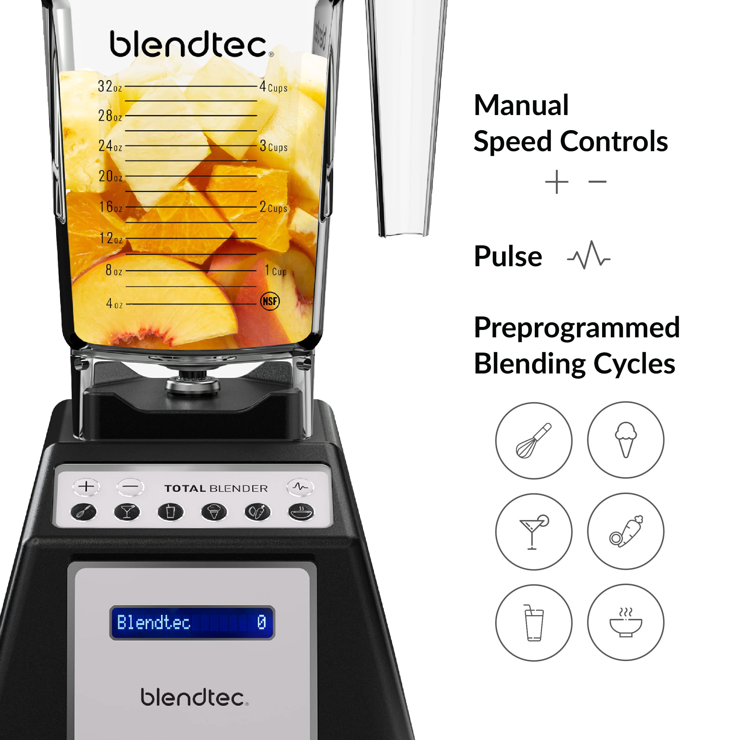 Blendtec Total Blender Classic - 10-Speed Professional Countertop Blender with 75oz FourSide Jar - 1560W High-Power Motor & 6 Pre-Programmed Cycles - Perfect for Smoothies, Soups, Nut Butters & Ice Crushing - Black Kitchen Blender for Home & Commercial Use
