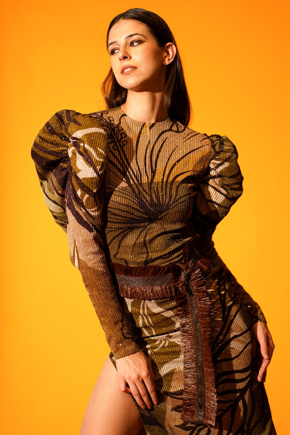 Tropical Brown Mutton Sleeve Slit Dress - Women's Elegant Summer Maxi Dress for Beach Vacation & Party Wear