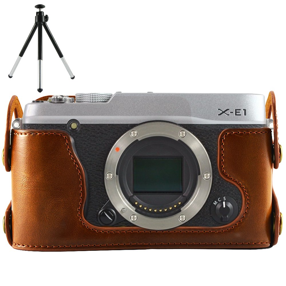 Premium Brown Leather Half Camera Case Cover for Fujifilm X-E1/X-E2 - Compatible with XE1 & XE2 Models + Includes Mini Tripod - Perfect for Travel, Street Photography & Everyday Protection