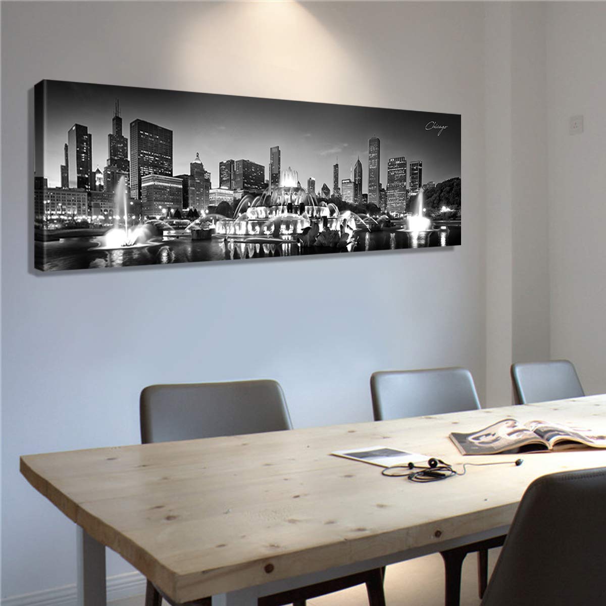 Chicago Skyline Canvas Wall Art - Black & White Panoramic Cityscape Print, Modern Home & Office Decor (14x48