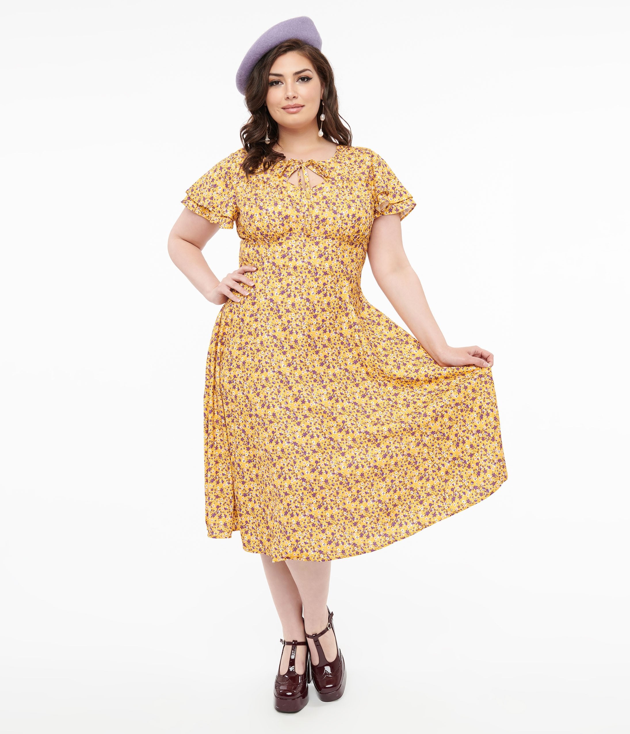 Vintage 1950s Plus Size Floral Swing Dress - Yellow & Purple Capelet Retro Style for Women | Perfect for Themed Parties, Cosplay & Retro Fashion Events
