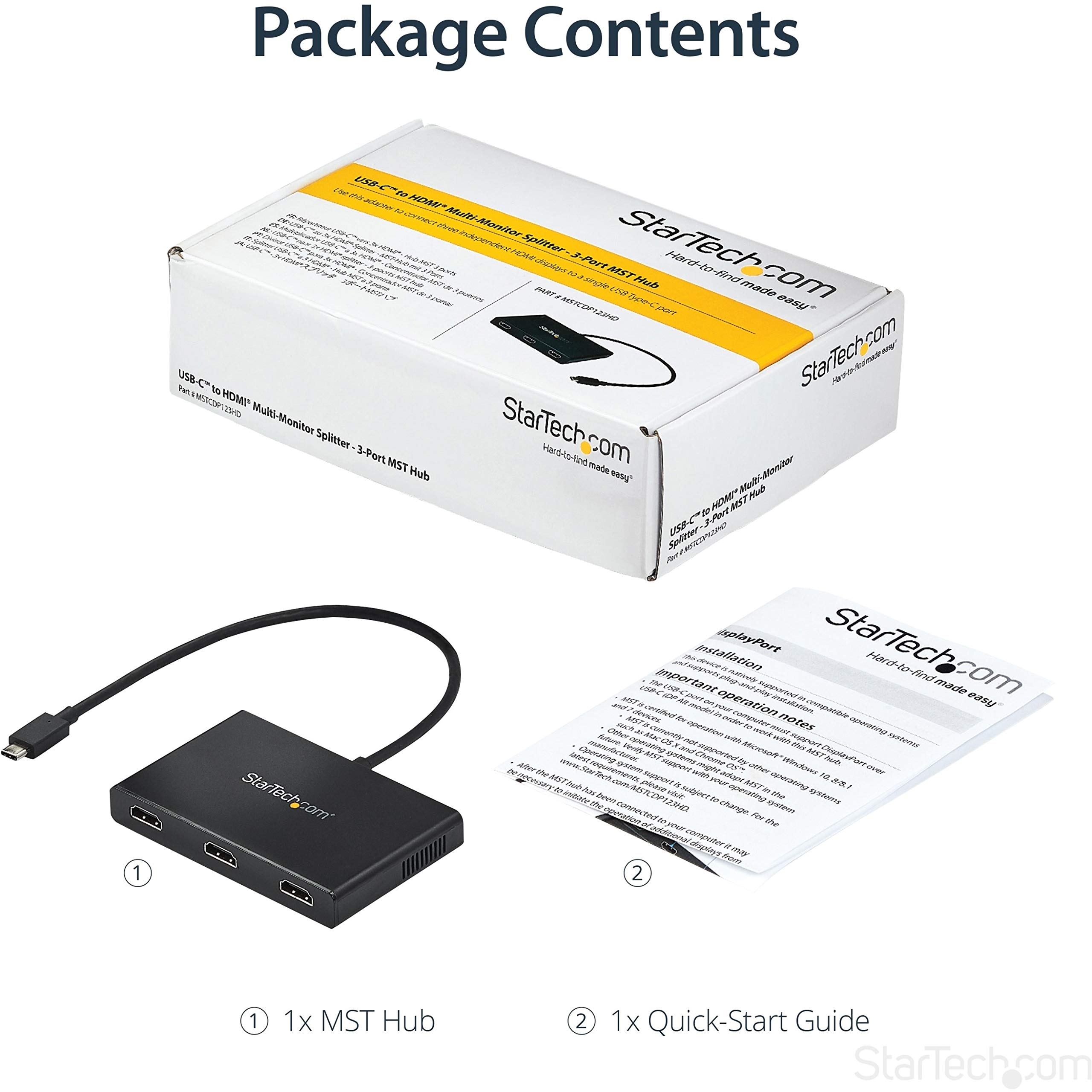 StarTech.com 3-Port USB-C to Triple HDMI Multi-Monitor Adapter - 3X 1080p 60Hz Display Extender/Splitter for Laptop with Extra-Long Cable - Windows Compatible (MSTCDP123HD) - Perfect for Home Office, Gaming & Multi-Tasking